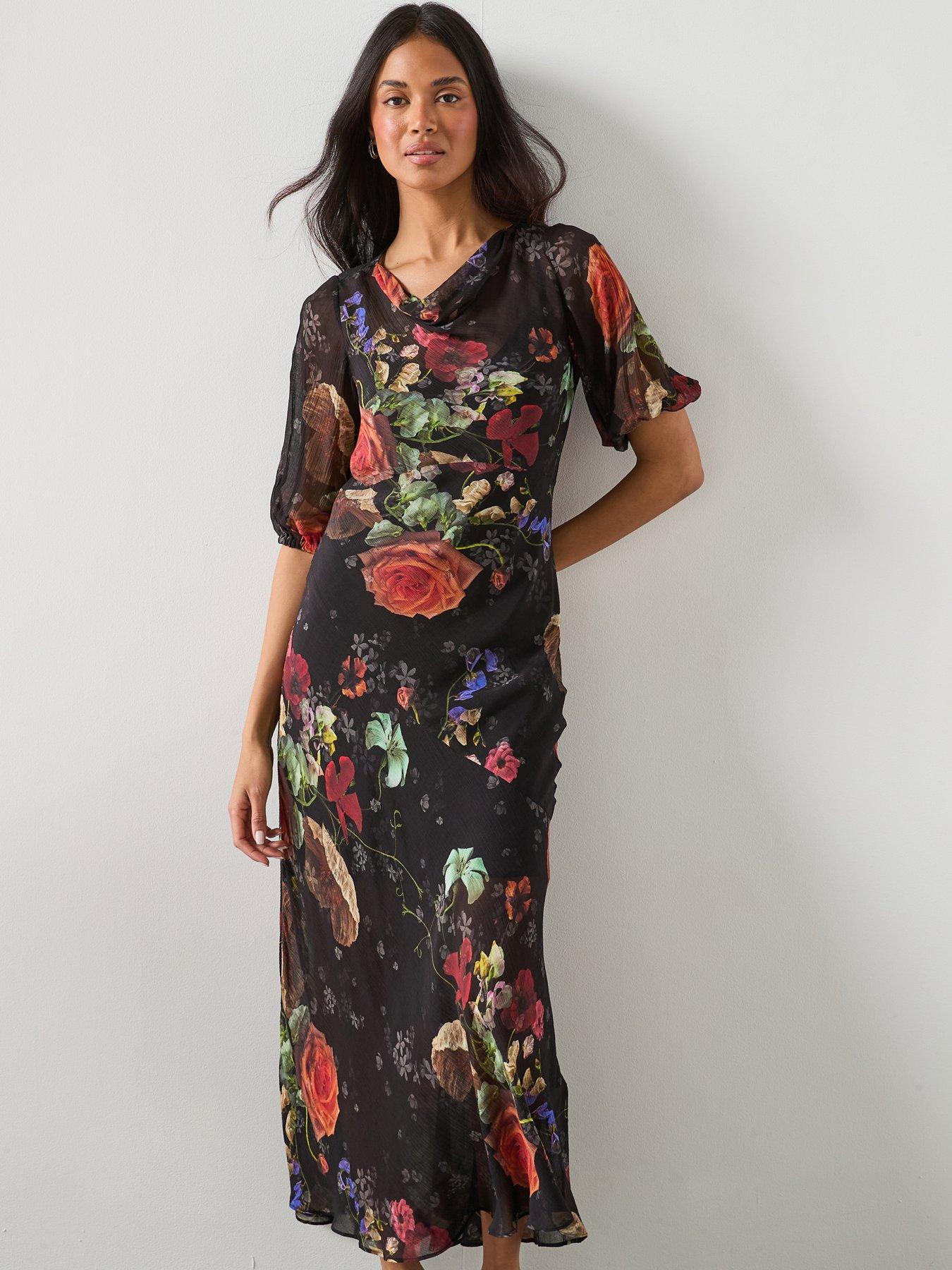 AllSaints: Tiwa Silk Mix Floral Midaxi Dress - Haze Black
