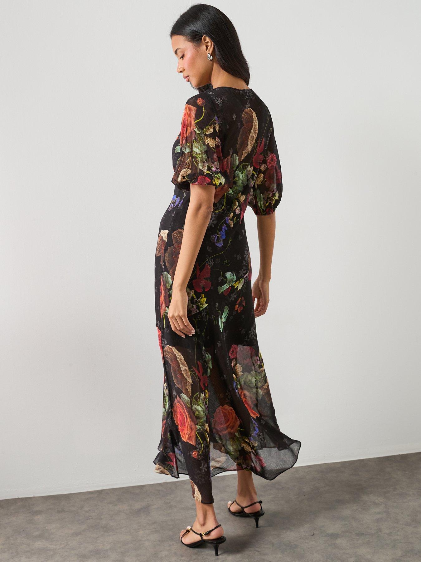 AllSaints Tiwa Silk Mix Floral Midaxi Dress - Haze Black | Very