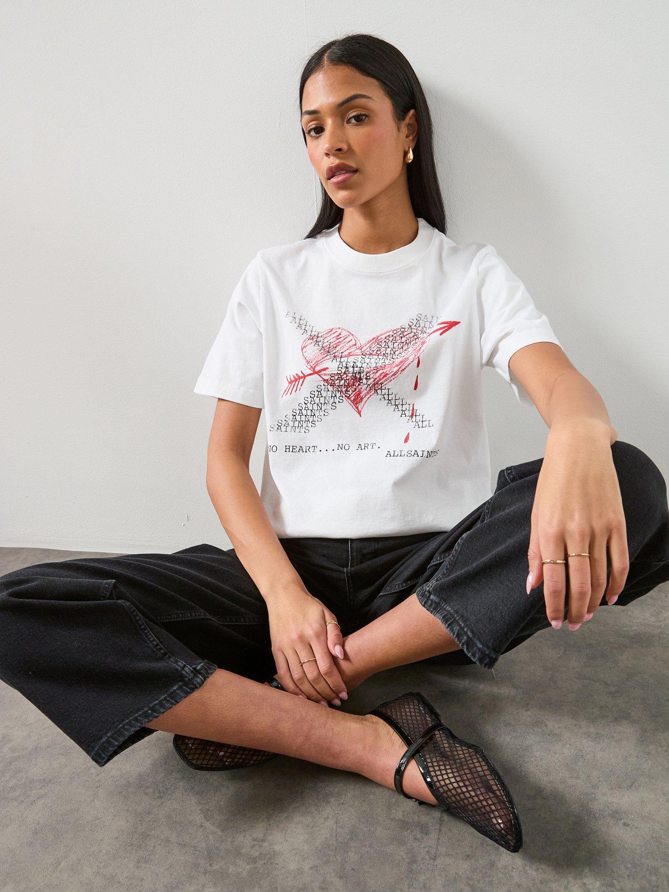 Image 1 of 6 of AllSaints Heartache Lisa Crew Neck T-Shirt - White
