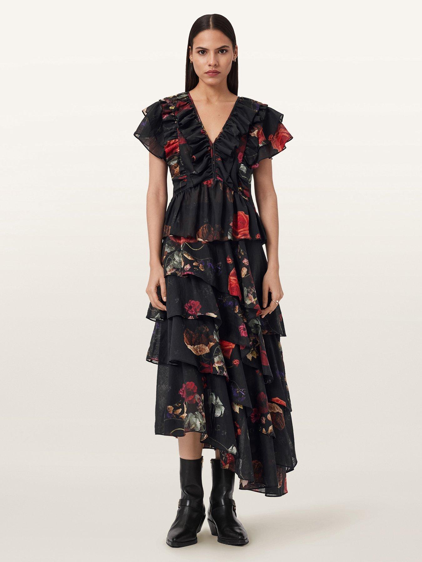 AllSaints: Alma Floral Print Short Sleeve Top - Haze Black