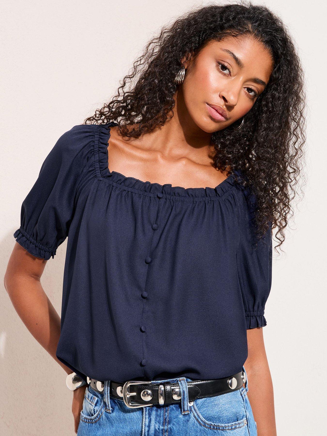 Friends Like These Short Sleeve Button Front Blouse - Navy