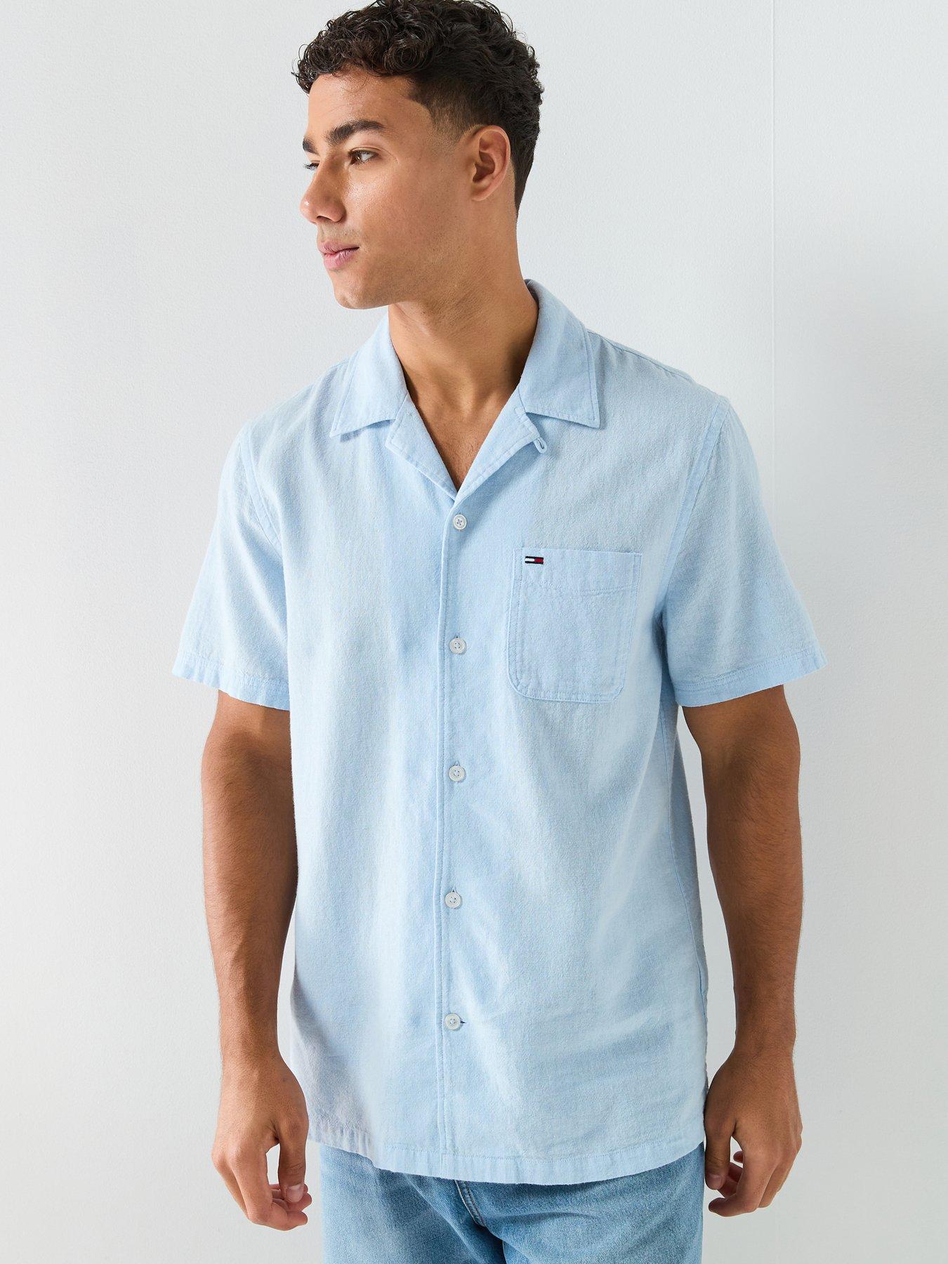 Tommy Jeans Linen Blend Short Sleeve Shirt, Blue, Size Xl, Men