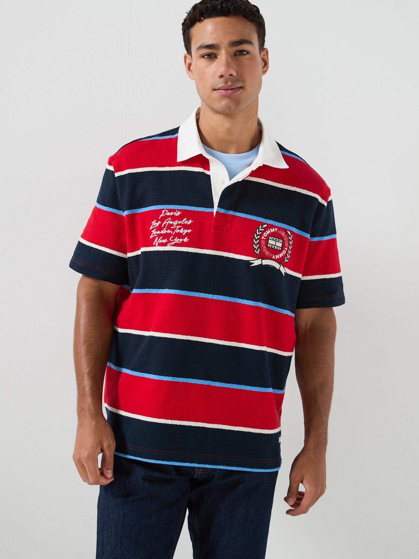 Tommy Jeans Relaxed Short Sleeve Bold Stripe Rugby Shirt, Red, Size 2Xl, Men