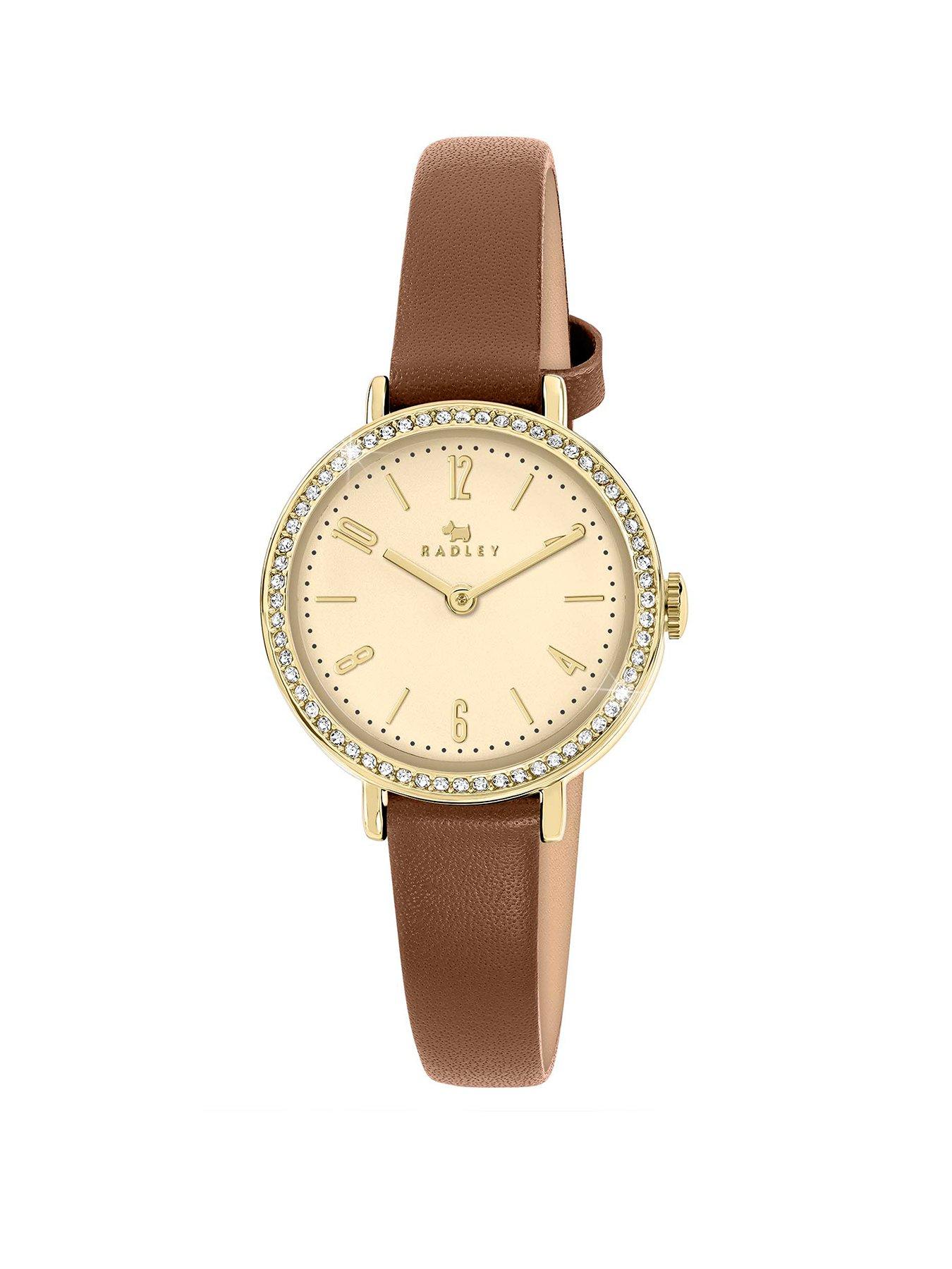 Radley Gold Plated Stone Set Case Cognac Leather Strap Watch