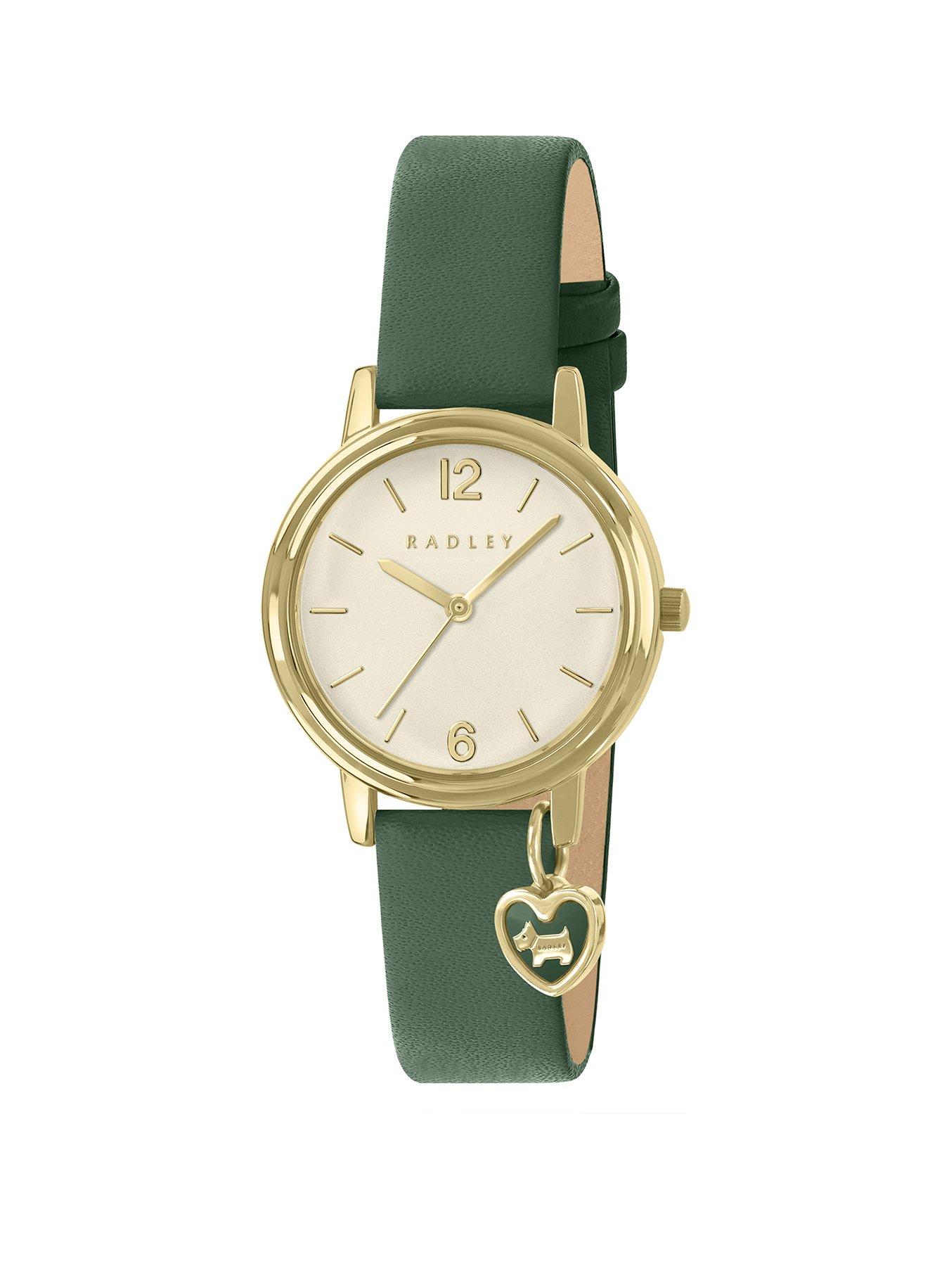 Image 1 of 2 of Radley Gold Plated Case Heart Charm Hunter Green Leather Strap Watch