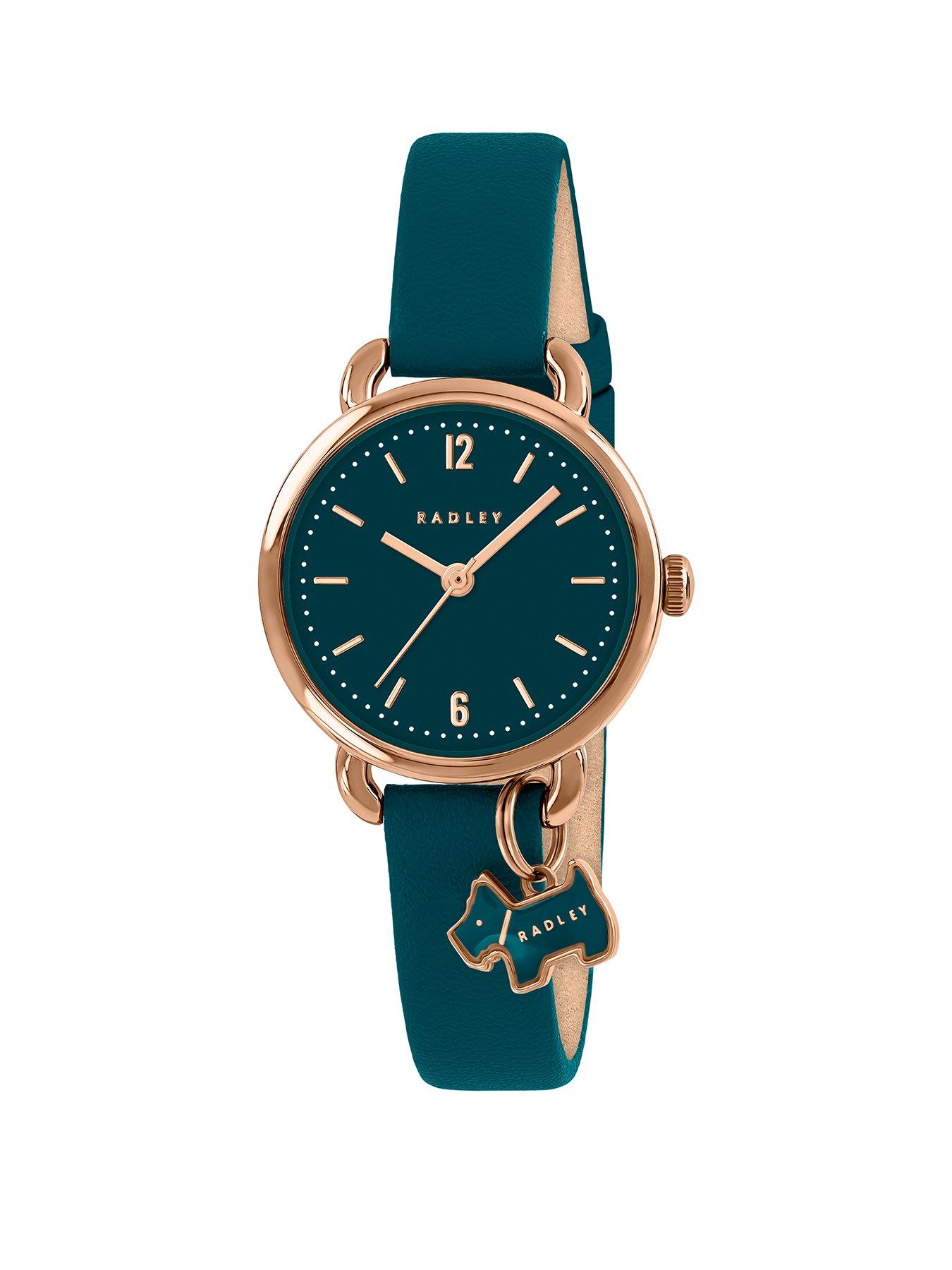 Radley Rose Gold Plated Case Dog Heart Charm Teal Leather Strap
