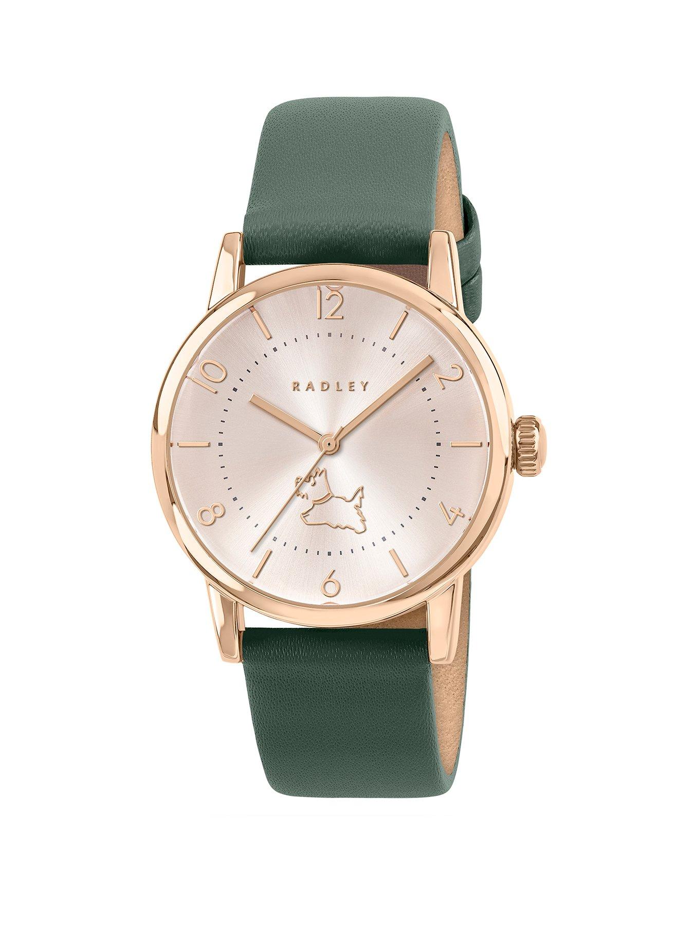 Radley Rose Gold Plated Case Hunter Green Leather Strap Watch