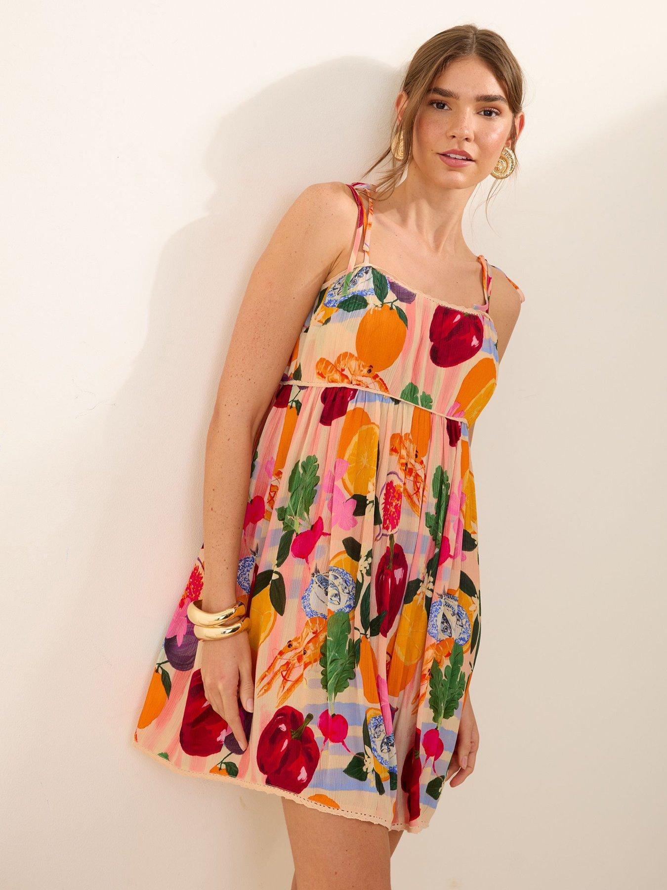Friends Like These Prawn Fruit Baby Doll Mini Dress, Multi, Size 18, Women