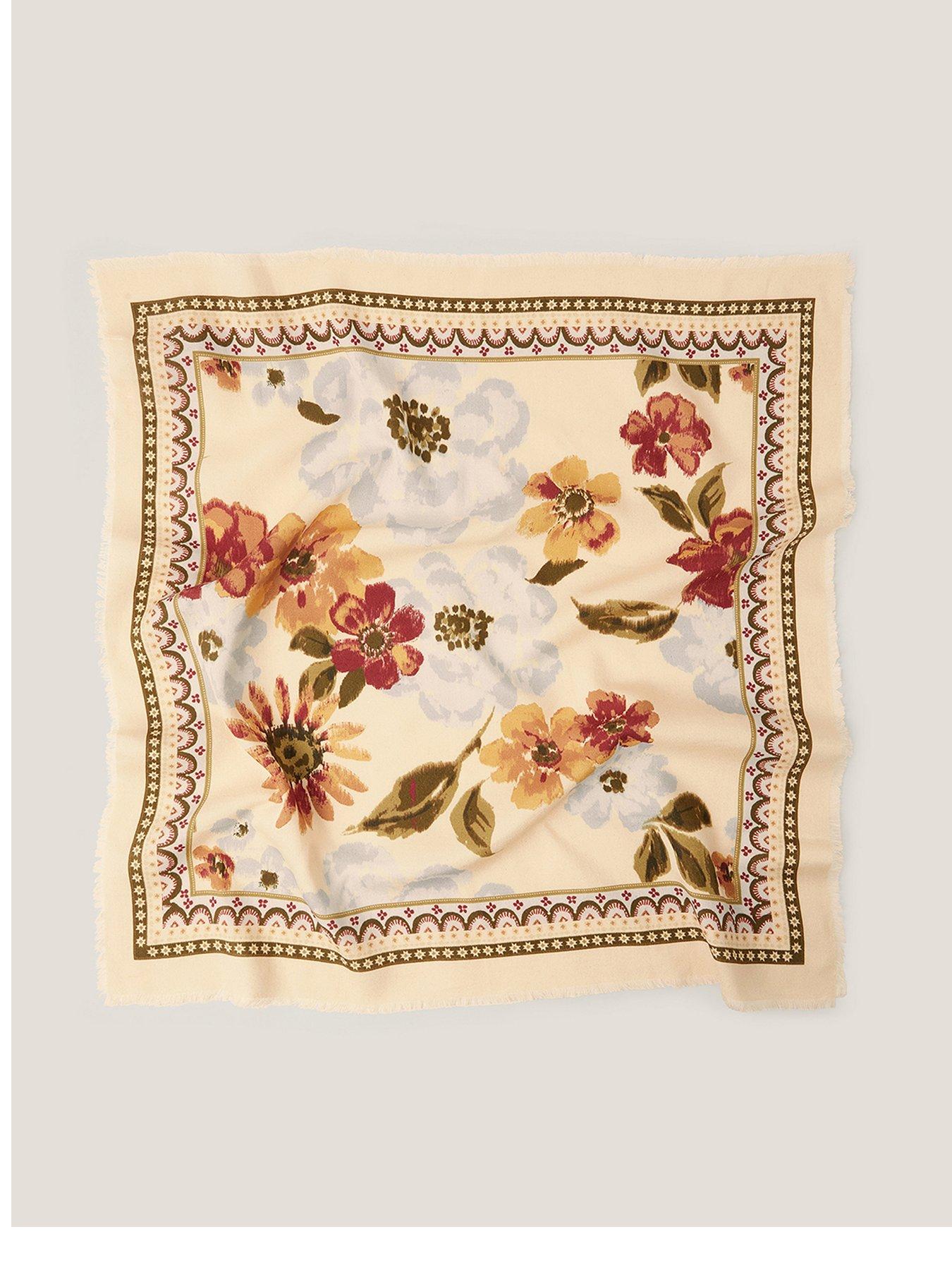 Image 1 of 2 of Monsoon Olive Border Floral Print Square Scarf - Cream