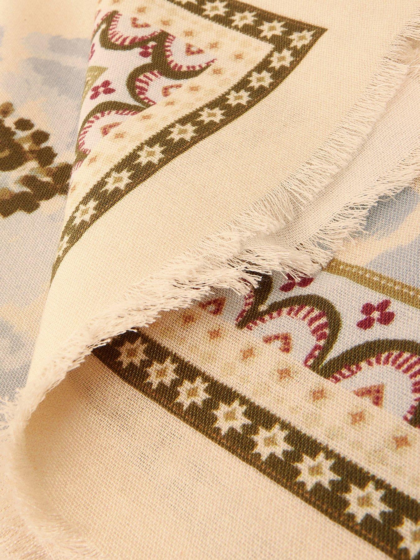 Image 2 of 2 of Monsoon Olive Border Floral Print Square Scarf - Cream