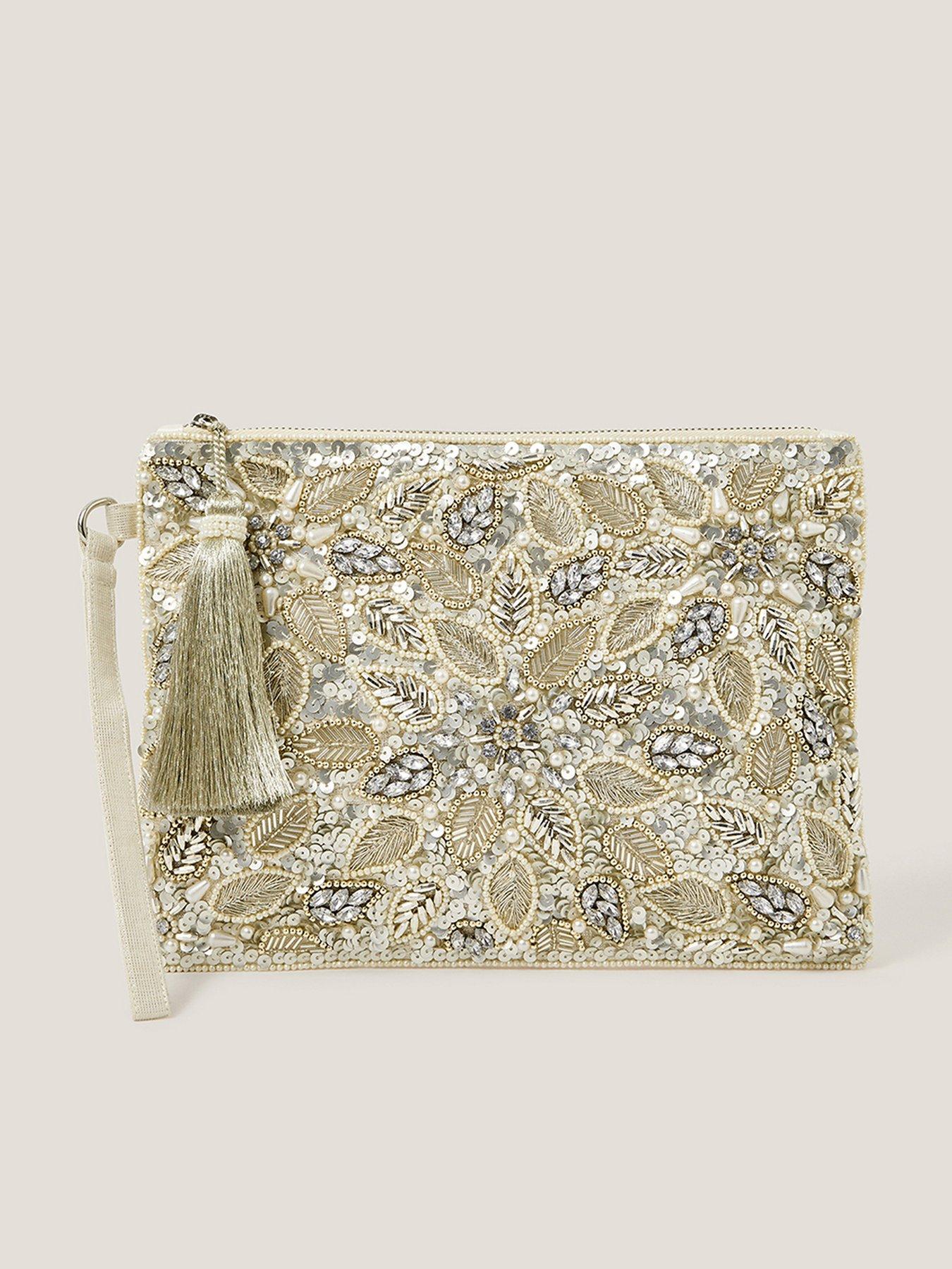 Monsoon Febe Floral Embellished Tassel Pouch - Silver