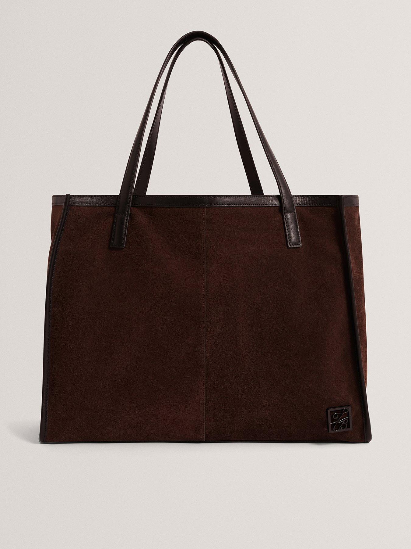 Image 1 of 6 of Ted Baker Script Detail Large Suede Tote - Brown
