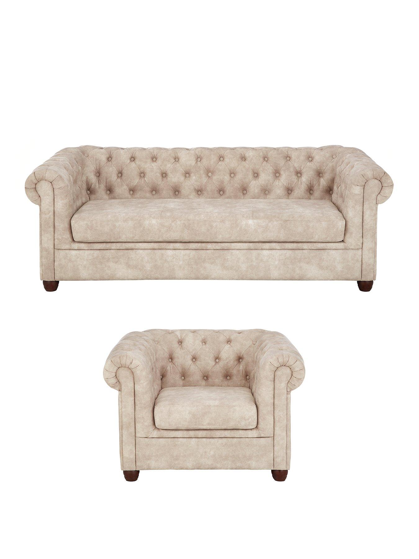 The Very Collection Chester Chesterfield Leather Look 3 Seater Sofa + Armchair Set - Pebble (Buy and SAVE!) - FSC® Certified