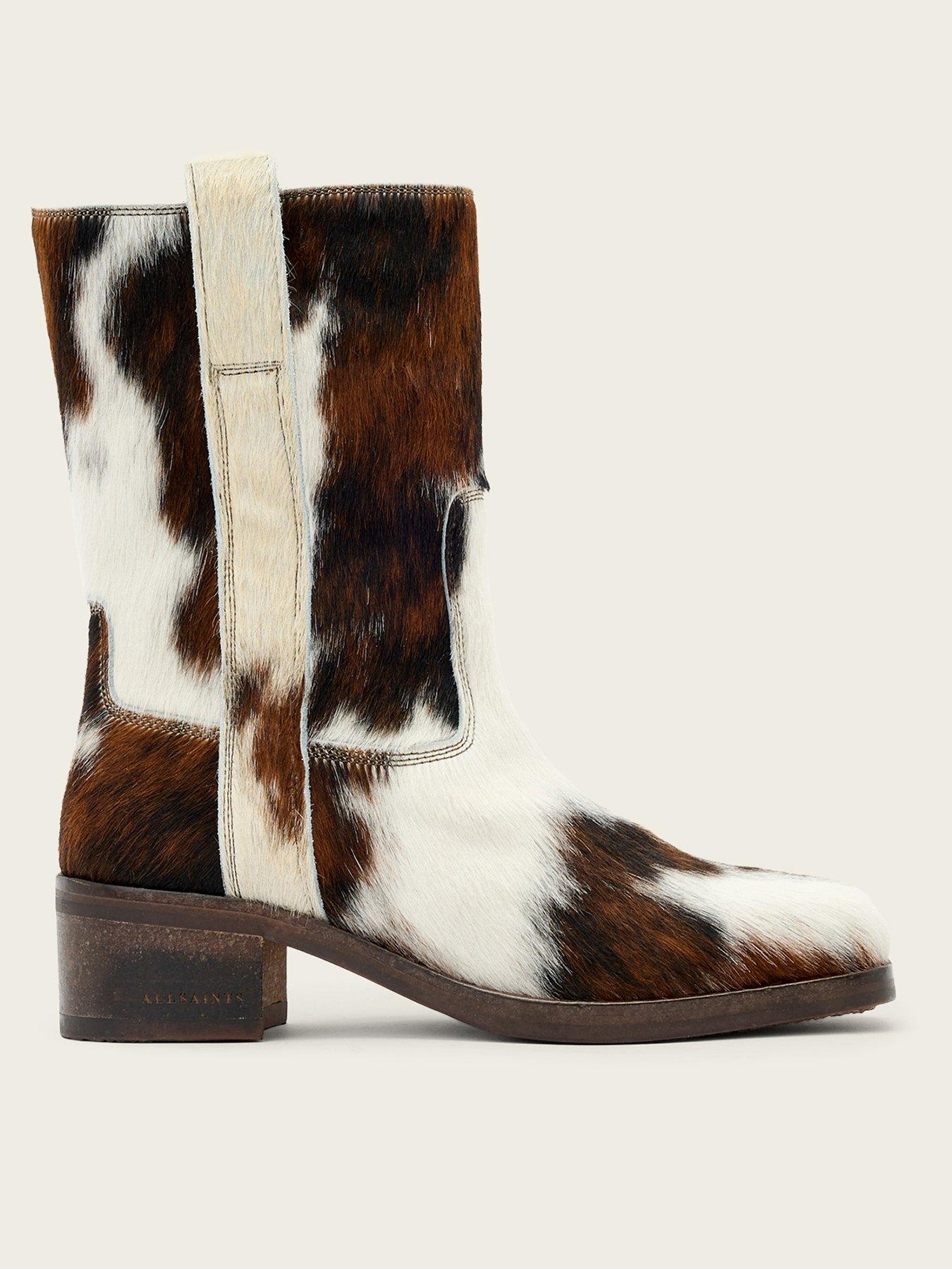 AllSaints Terri Cow Print Mid Length Leather Boots - Brown