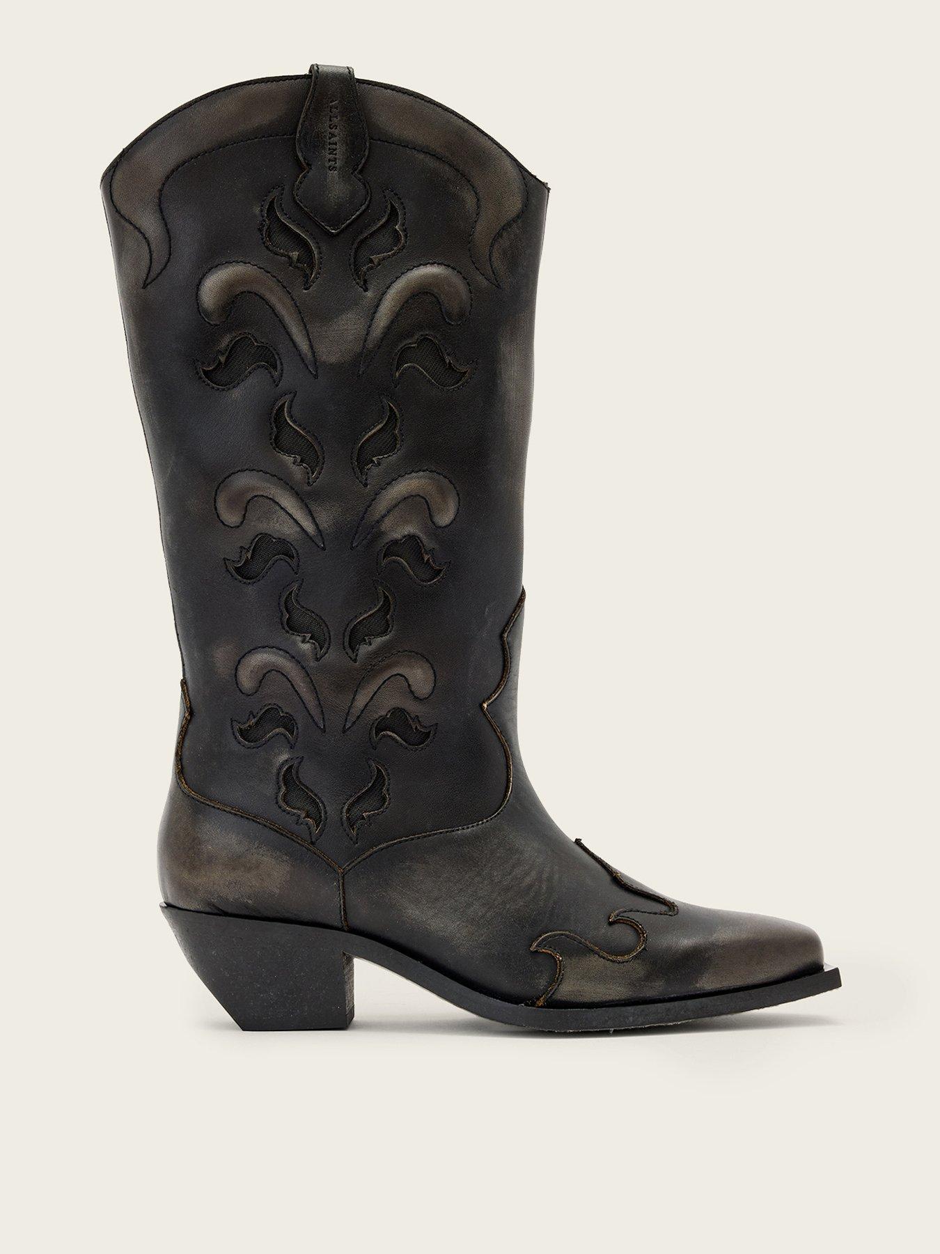 AllSaints Dolly Leather Western Boots, Brown, Size 4, Women