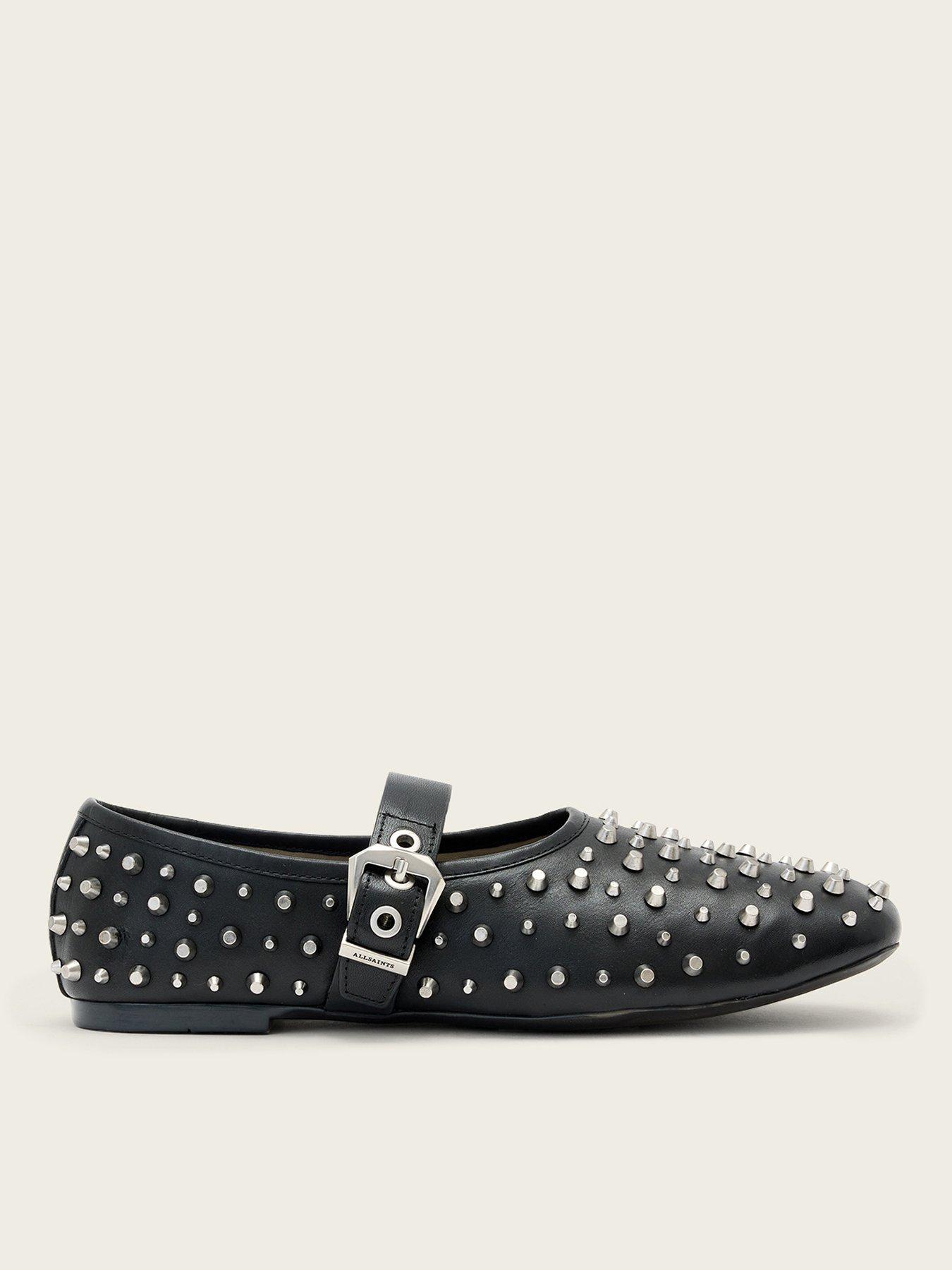Image 1 of 5 of AllSaints Sabine Leather Stud Ballet Shoes - Black