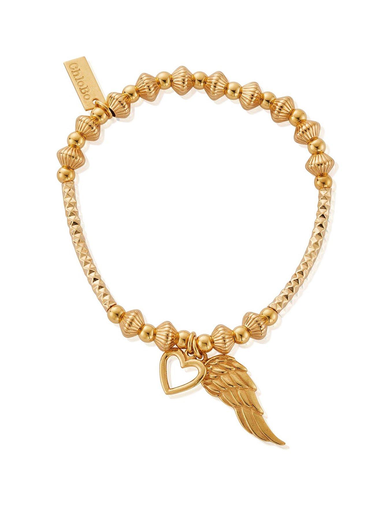 ChloBo Gold Pattern Noodle Disc Heart And Angel Wing Bracelet