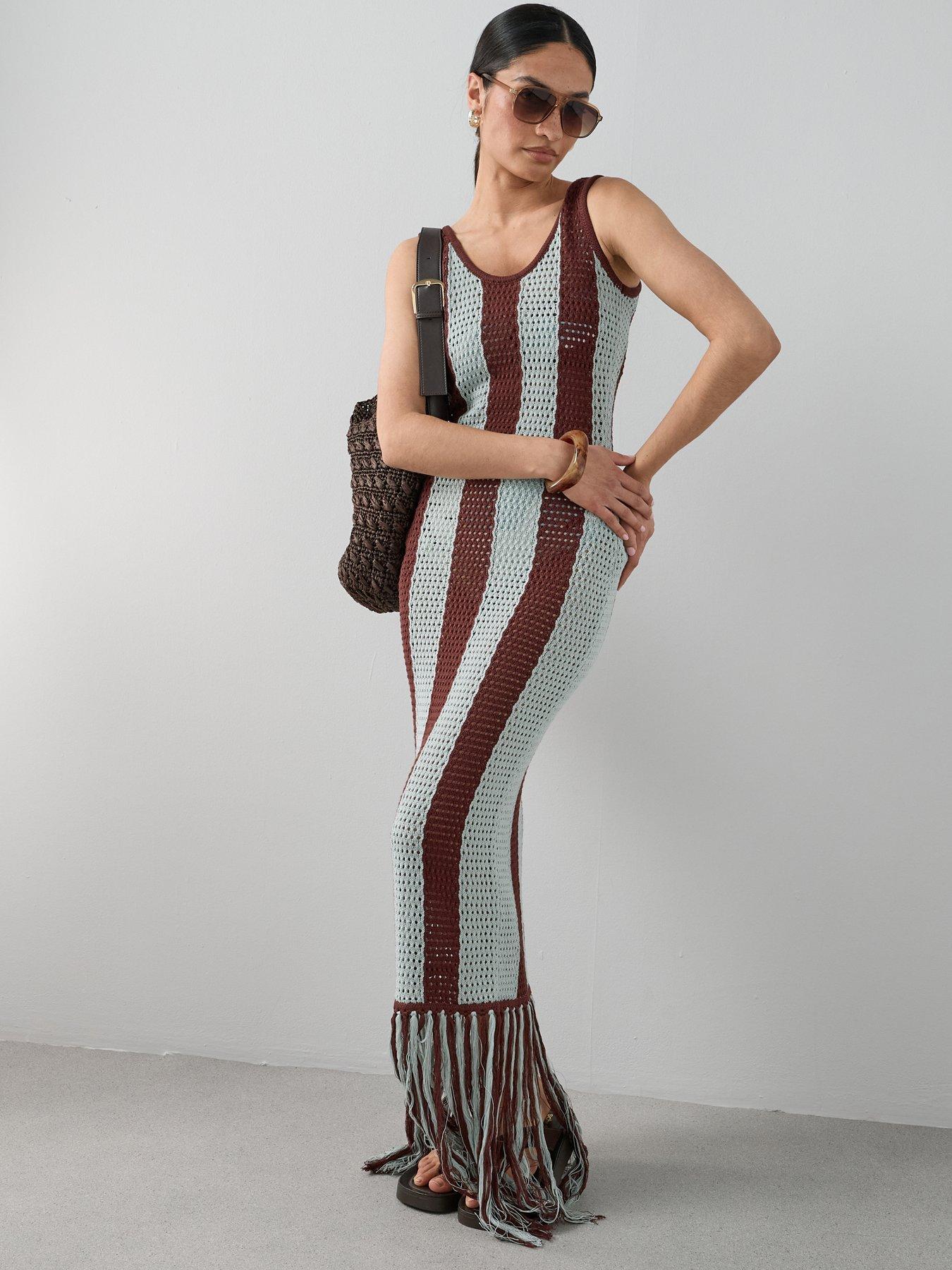 Image 1 of 6 of The Very Collection Fringe Stripe Midaxi Dress - Multi