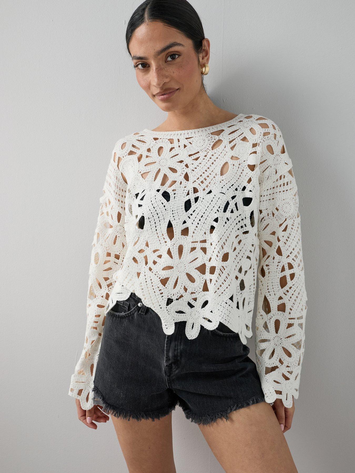 The Very Collection Cotton Rich Long Sleeve Crochet Knitted Top - Cream