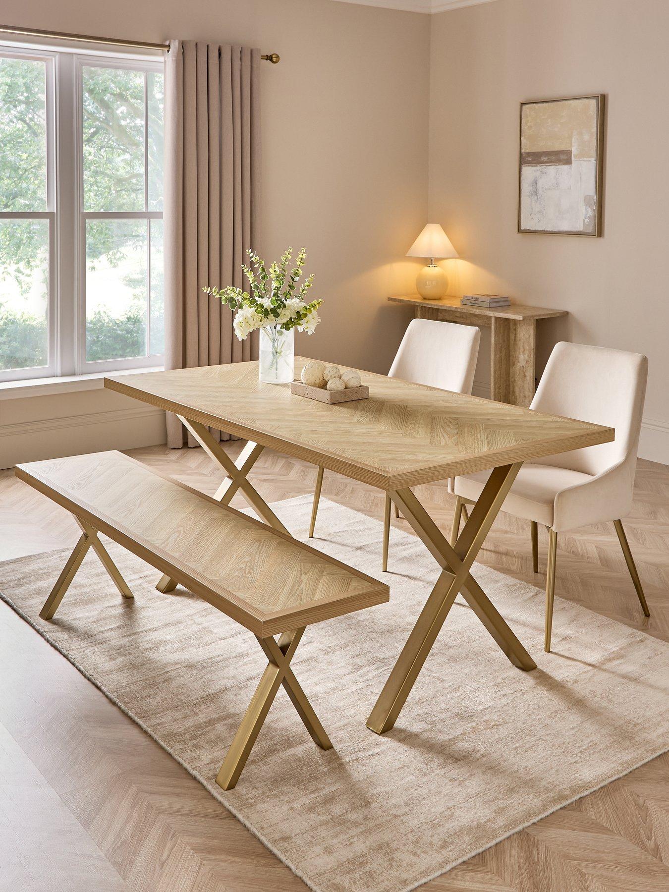 The Very Collection Kaia Chevron 160 cm Dining Table + Bench + 2 Nala Chairs - Brass Legs - FSC® Certified