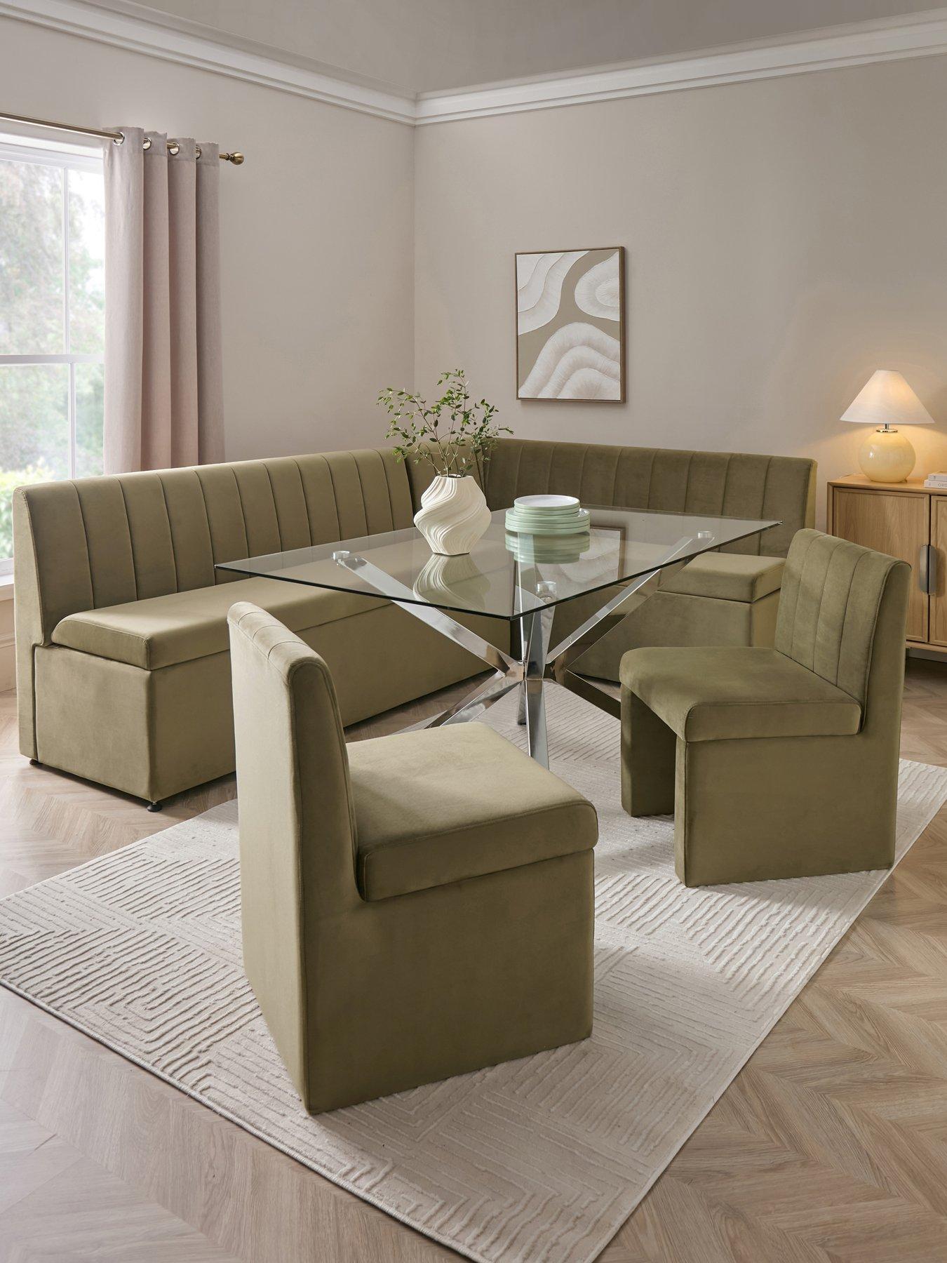 The Very Collection Sander Corner Storage Bench with Chopstick 160 cm Chrome Rectangular Dining Table and 2 Sander Chairs - Moss Green/Chrome