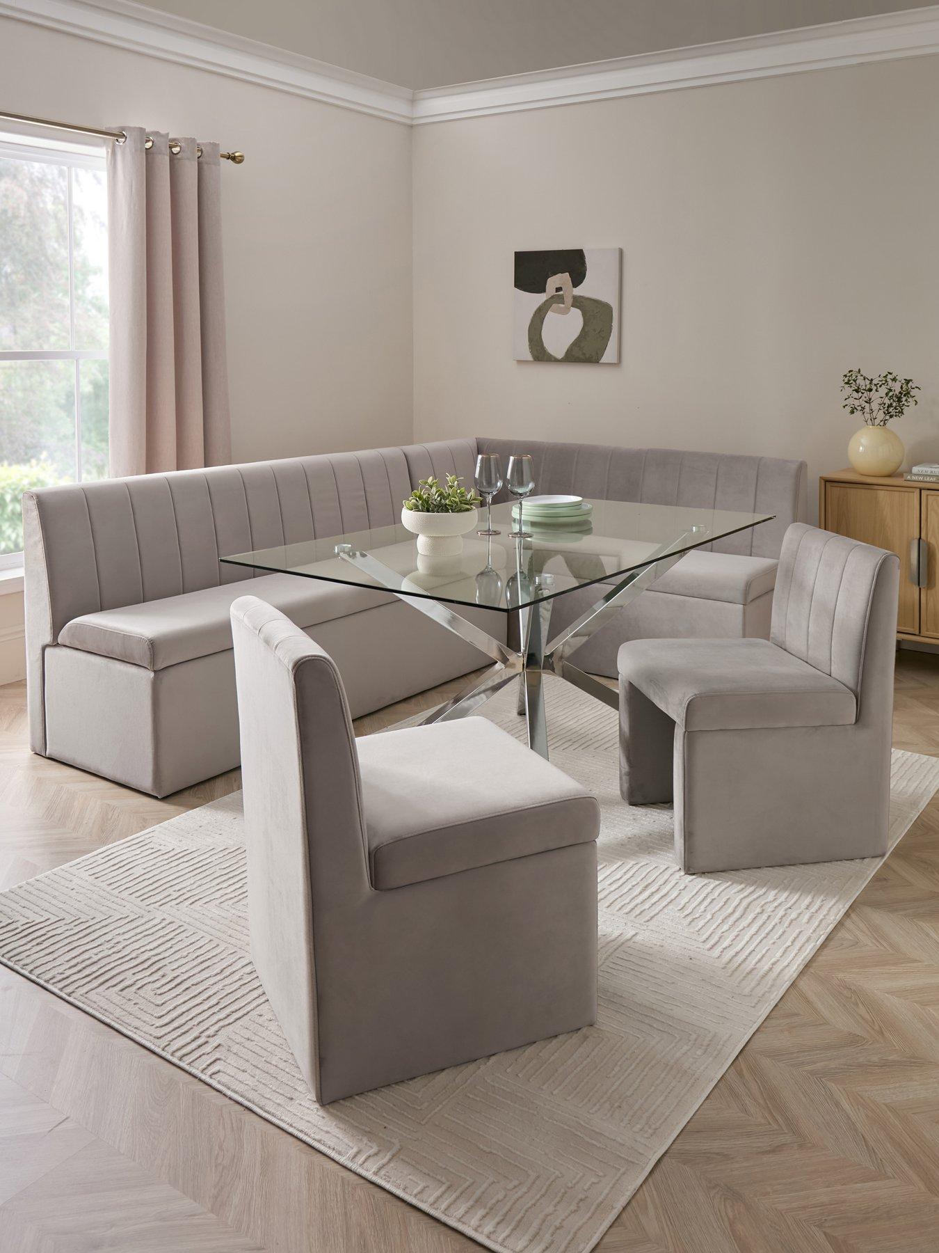 The Very Collection Sander Corner Storage Bench With Chopstick 160cm Chrome Rectangular Dining Table and 2 Sander Chairs - Grey/Chrome - FSC® Certified