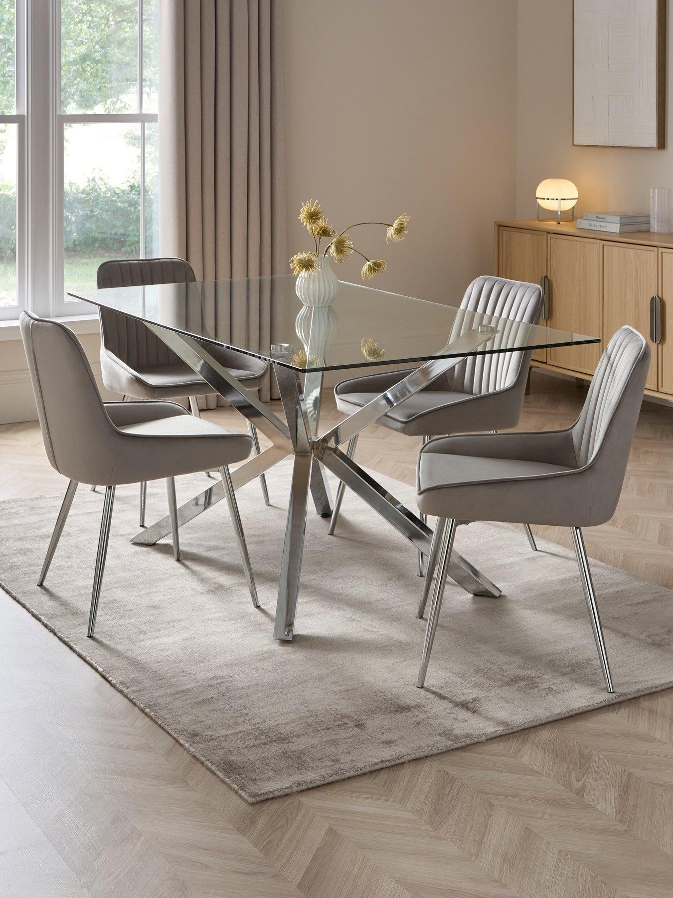 Image 1 of 7 of The Very Collection Chopstick Chrome 160&nbsp;cm Rectangular Dining Table + 4 Alisha Grey/Chrome Chairs