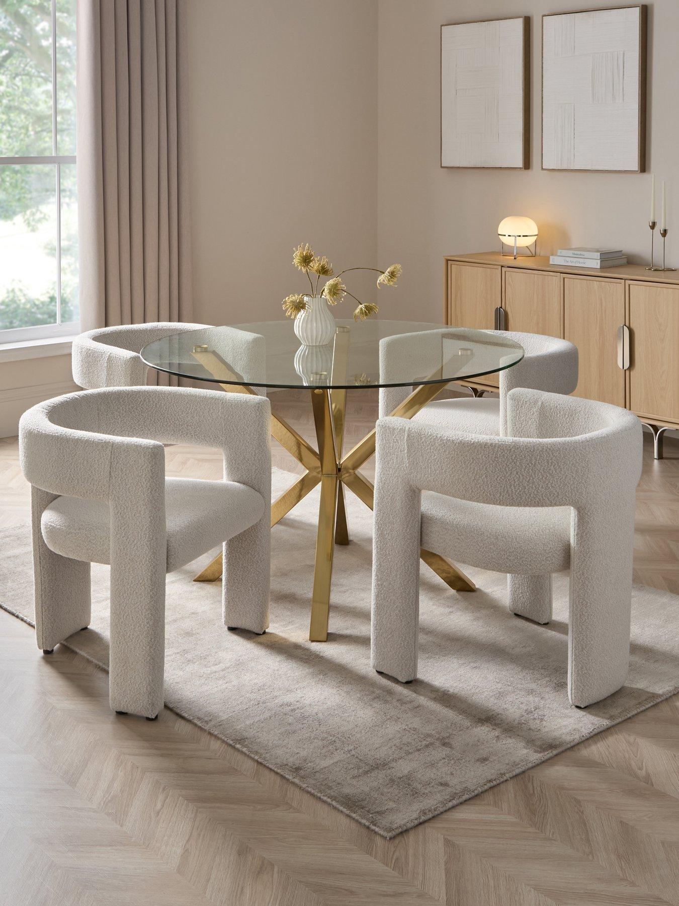 The Very Collection Chopstick 120cm Brass Dining Table & 4 Nell Boucle Dining Chairs