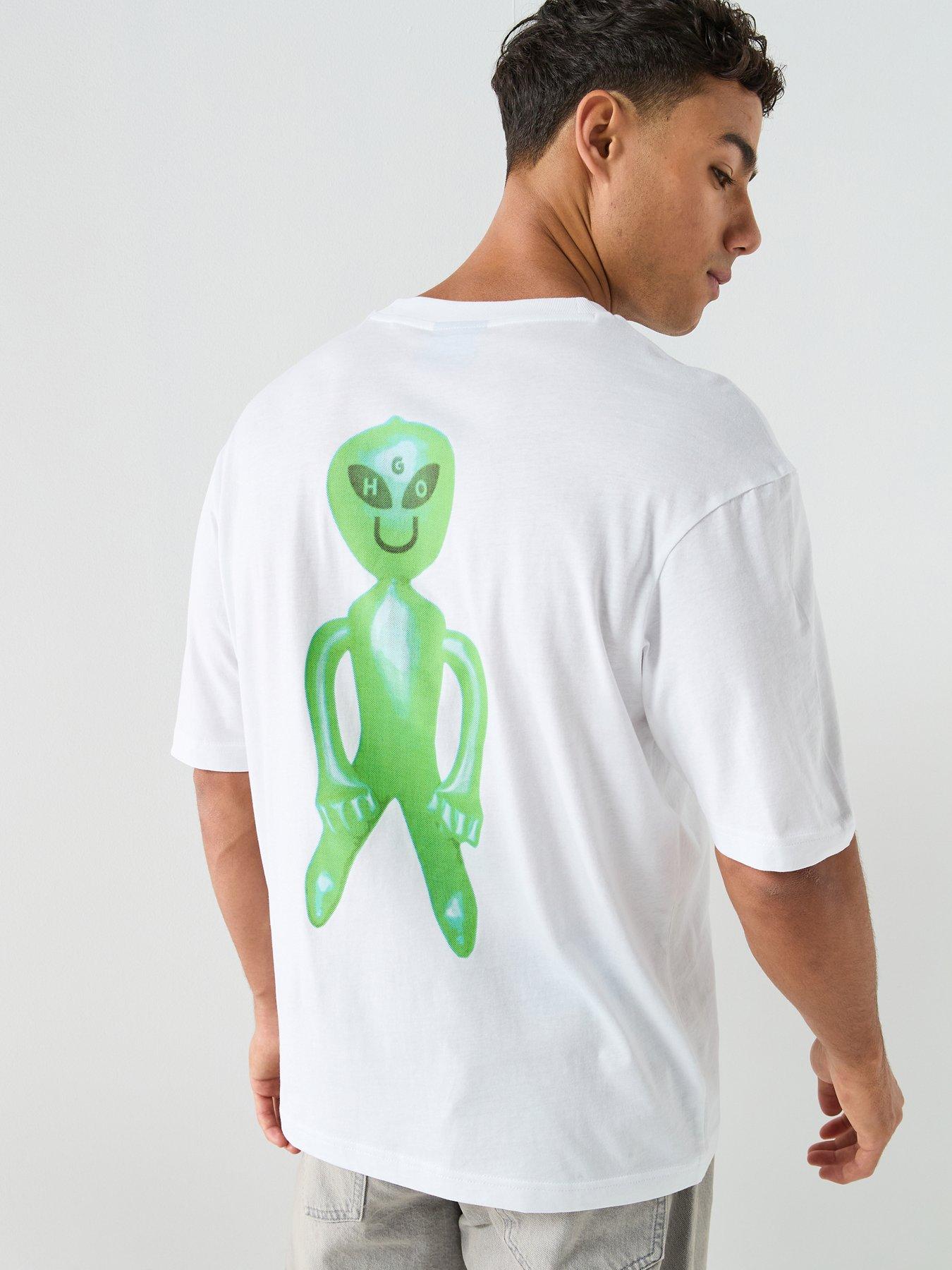 HUGO: Blue Nufotee Alien Print T-Shirt - White