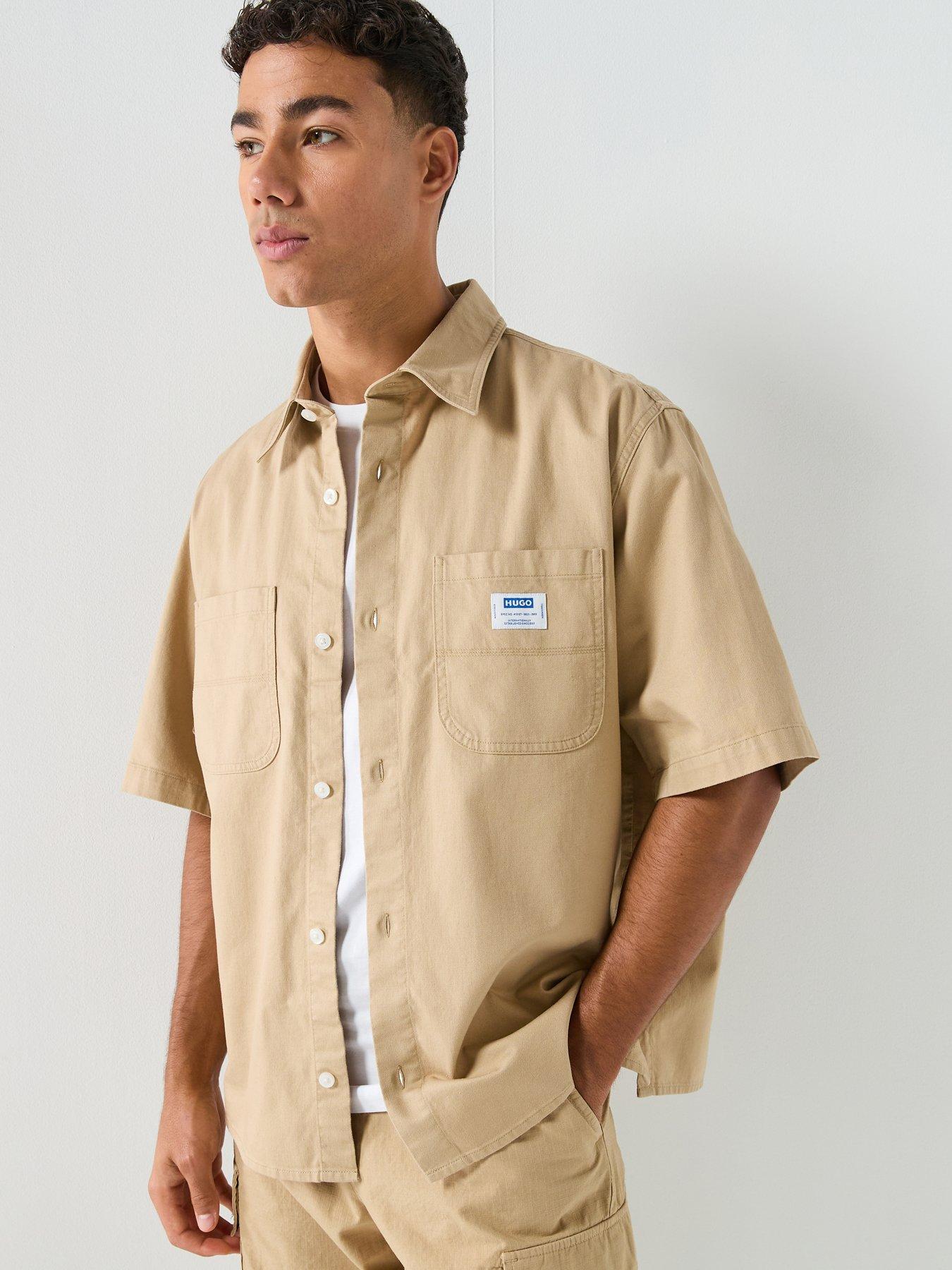 HUGO Blue Ebwin Oversized Fit Short Sleeve Shirt - Beige