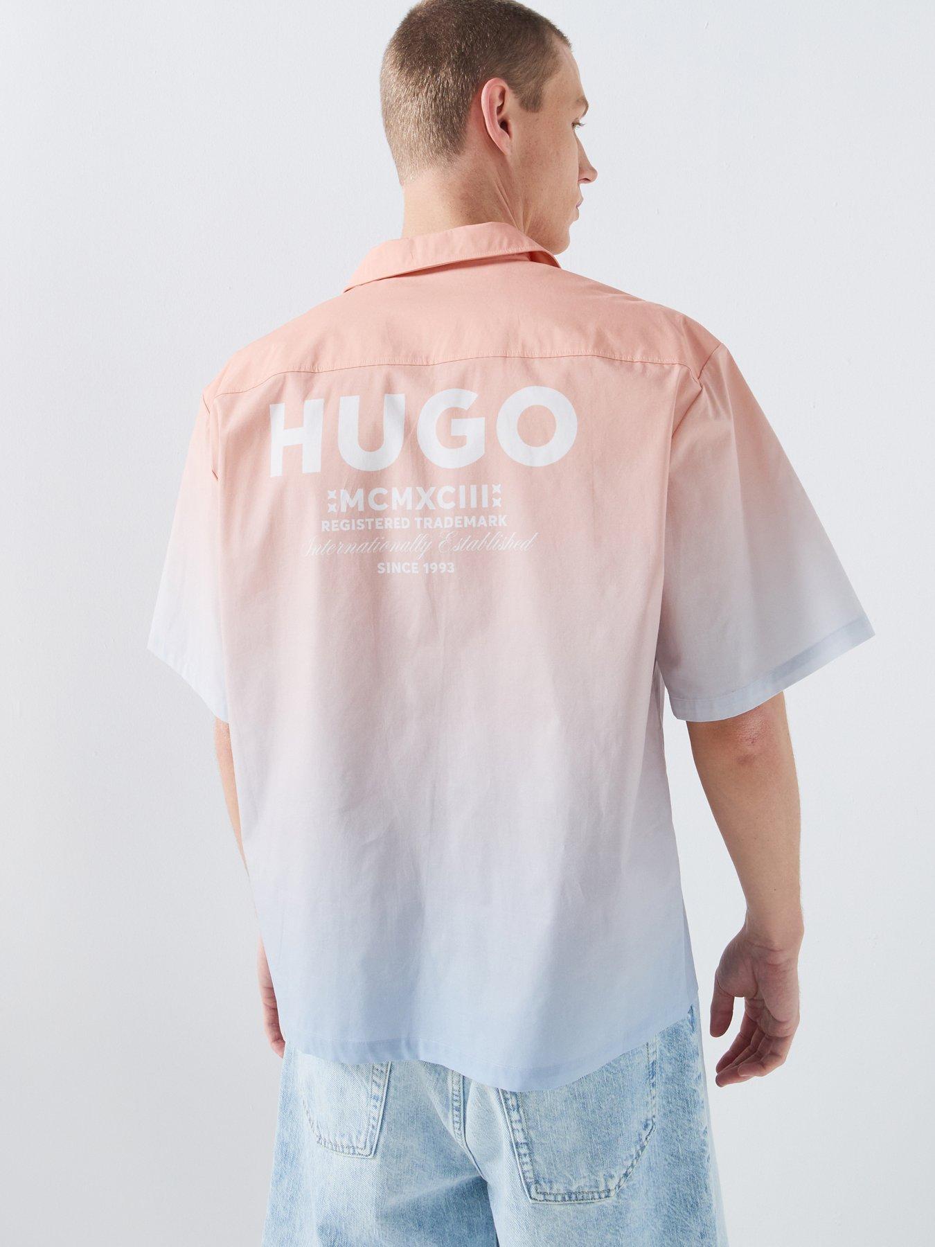 HUGO Blue Eligino Ombre Relaxed Fit Short Sleeve Shirt - Orange