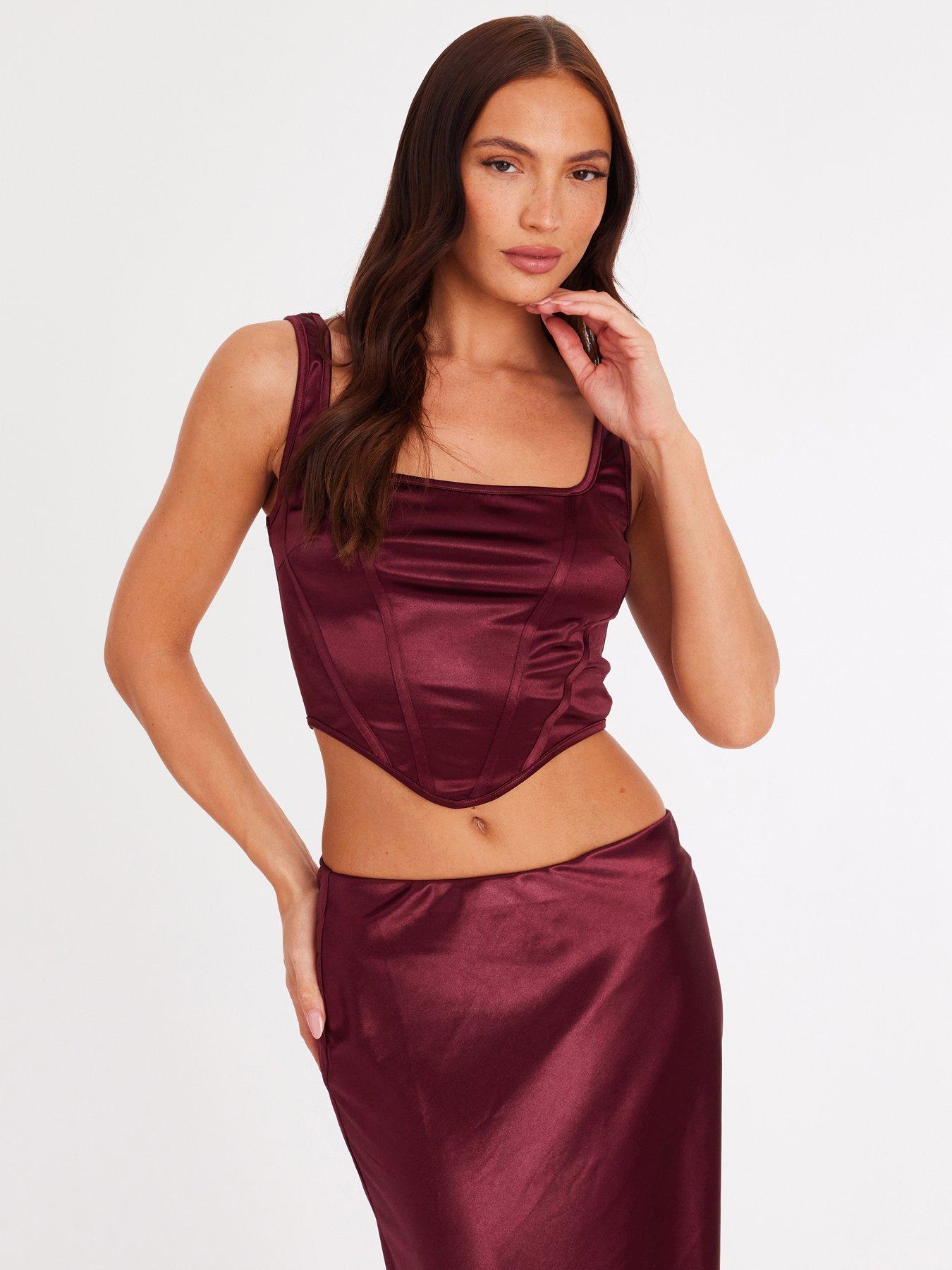 Quiz Burgundy High Waisted Satin Maxi Skirt