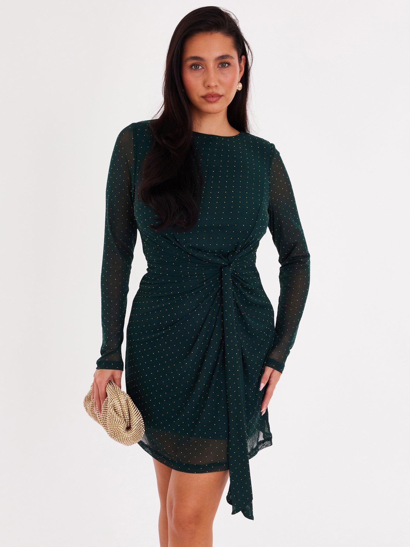 Quiz Bottle Green Diamante Mesh Mini Dress