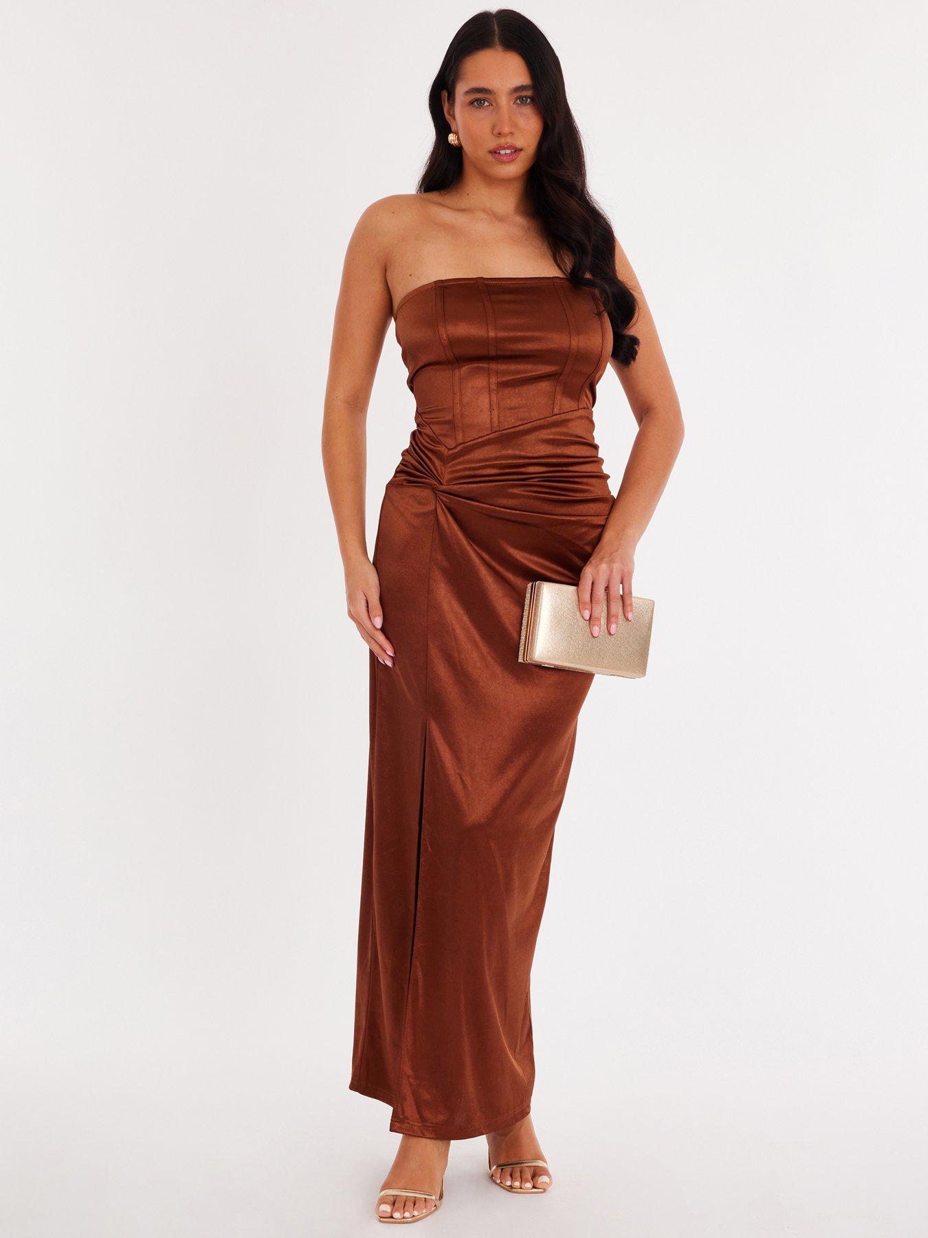 Quiz Brown Satin Corset Midaxi Dress