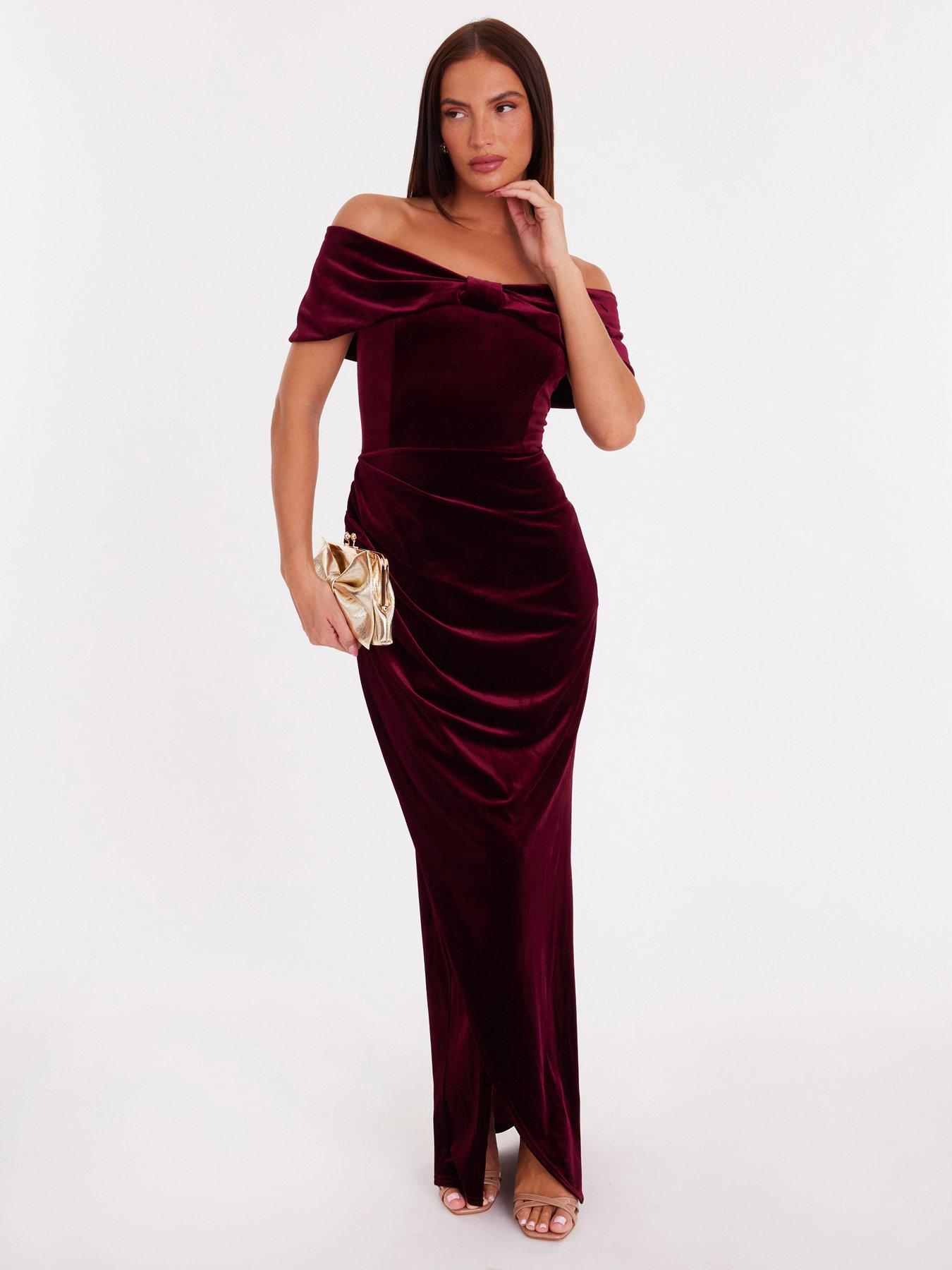 Quiz Burgundy Velvet Bardot Maxi Dress
