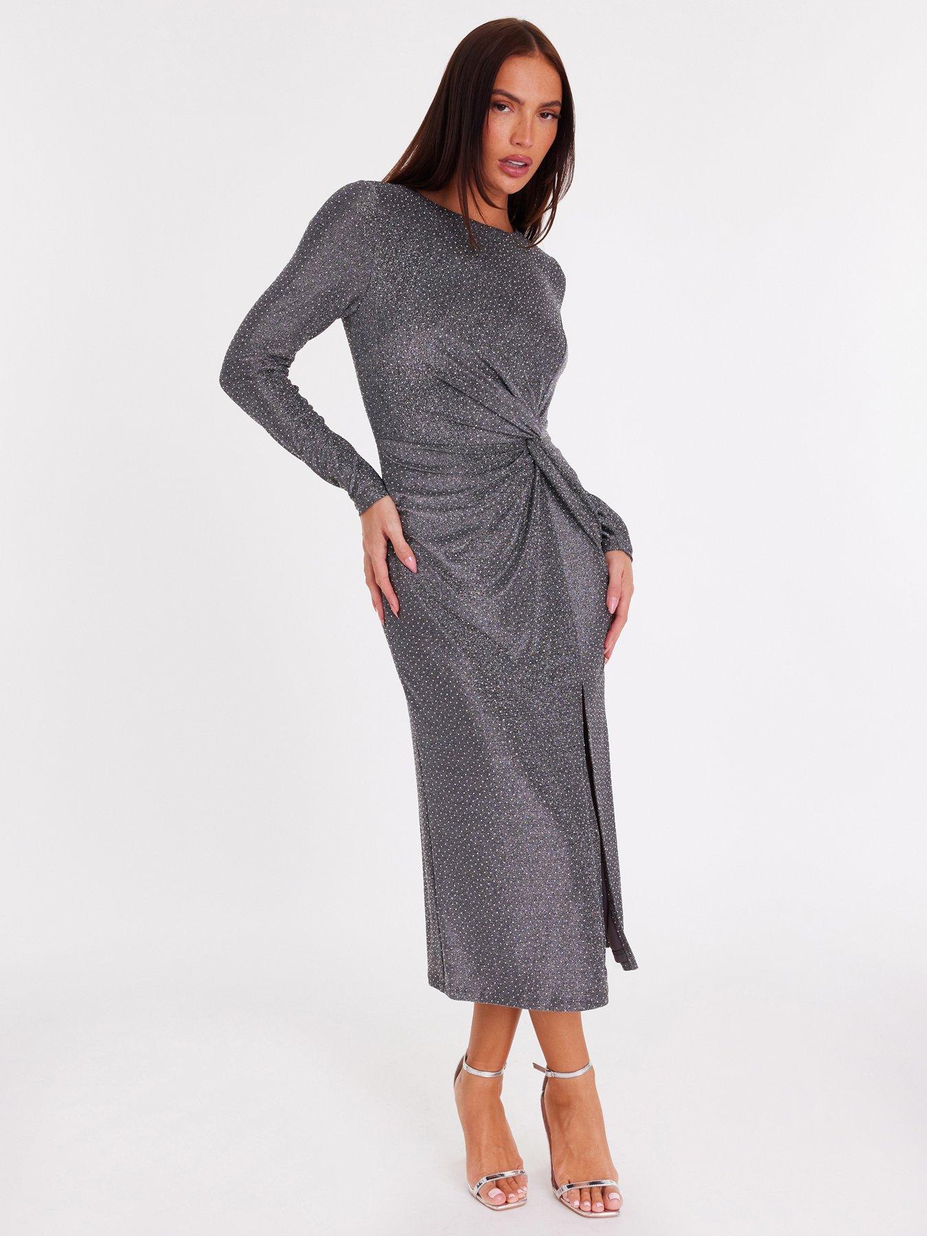 Quiz Dark Grey Diamante Twist Midaxi Dress