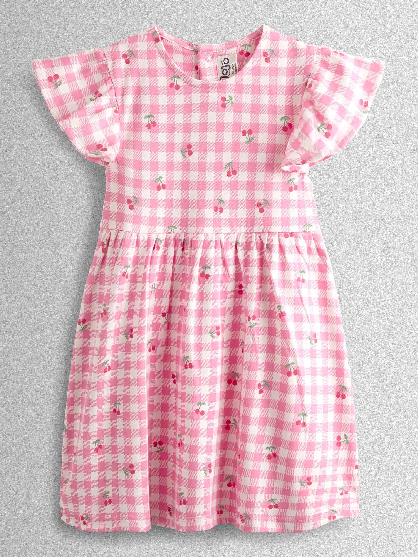 JoJo Maman Bebe Toddler Girls Cherry Gingham Printed Flutter Sleeve Dress - Pink