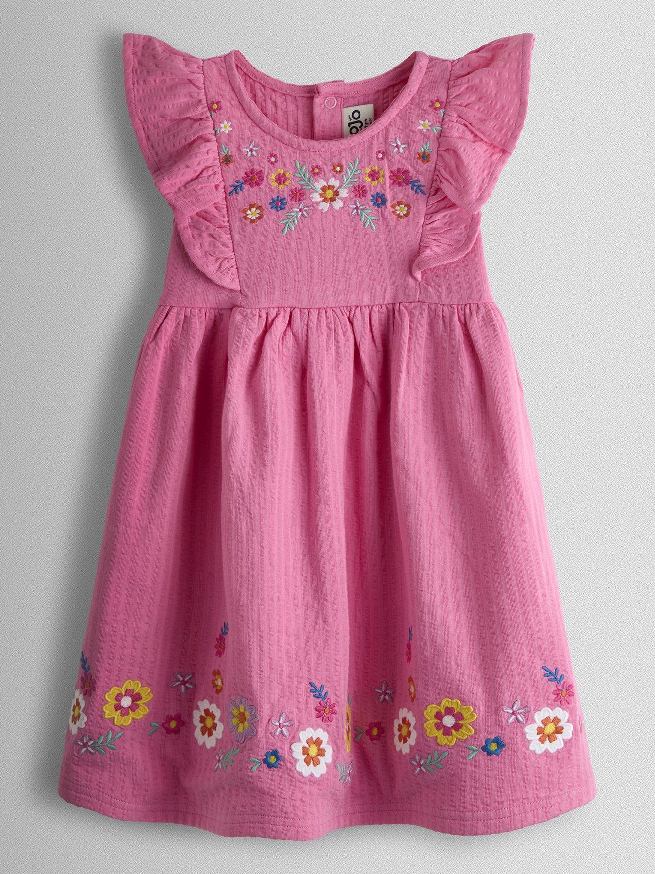 JoJo Maman Bebe Toddler Girls Floral Embroidered Seersucker Dress - Pink