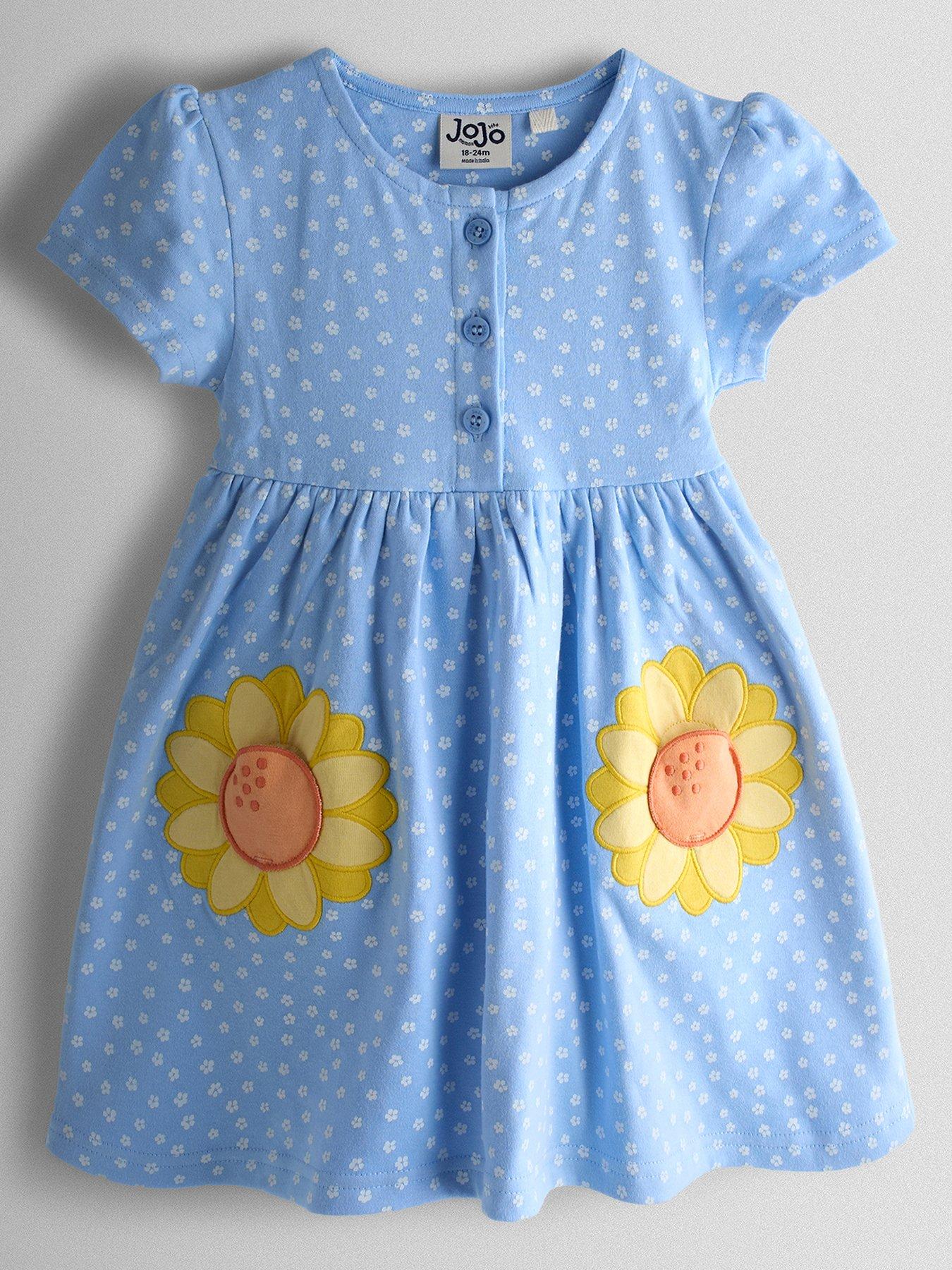 JoJo Maman Bebe Toddler Girls Sunflower Applique Pockets Button Front Dress - Light Blue