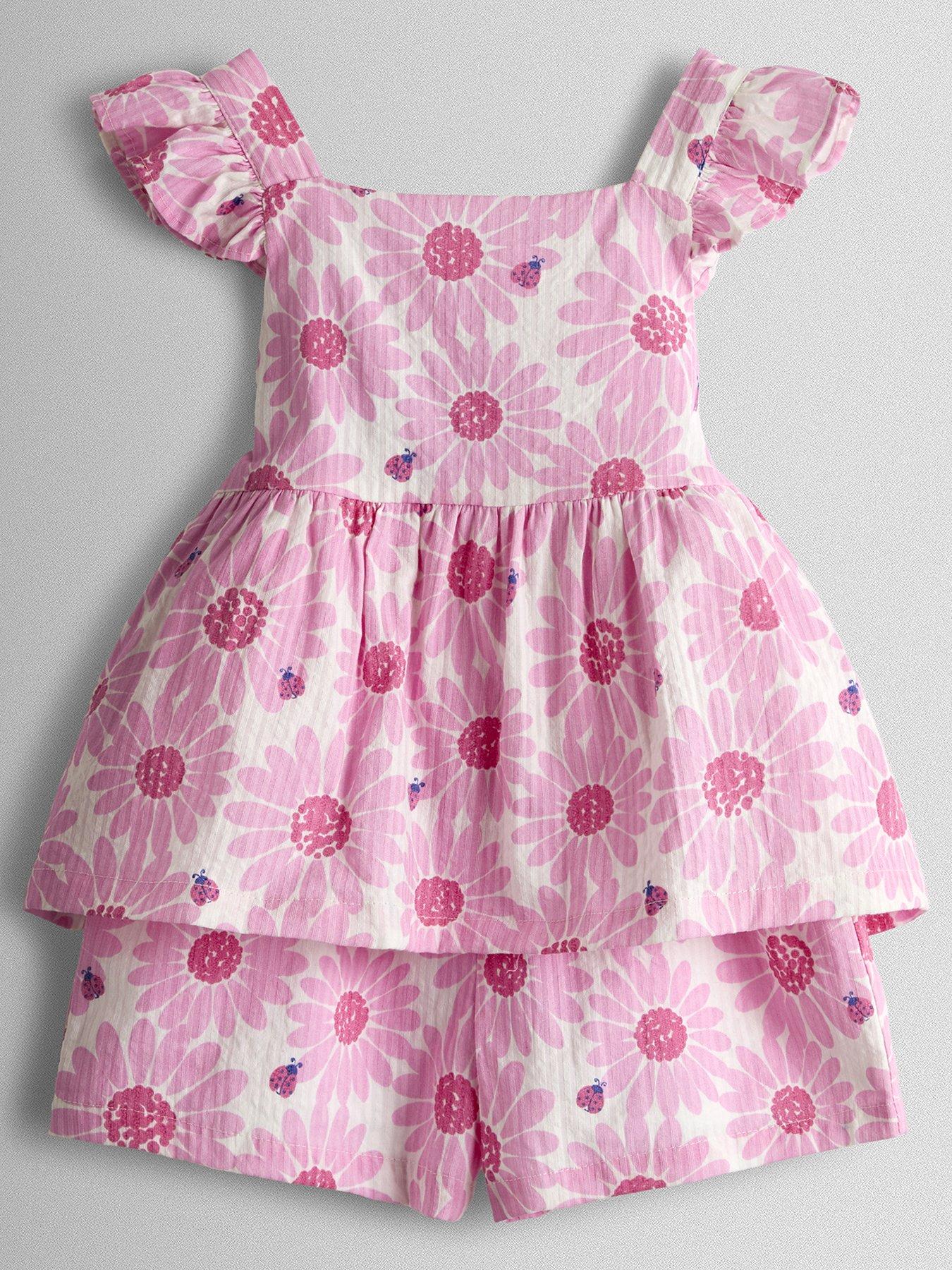 JoJo Maman Bebe Toddler Girls Floral 2 Piece Frill Shoulder Top  &  Short Set - Pink