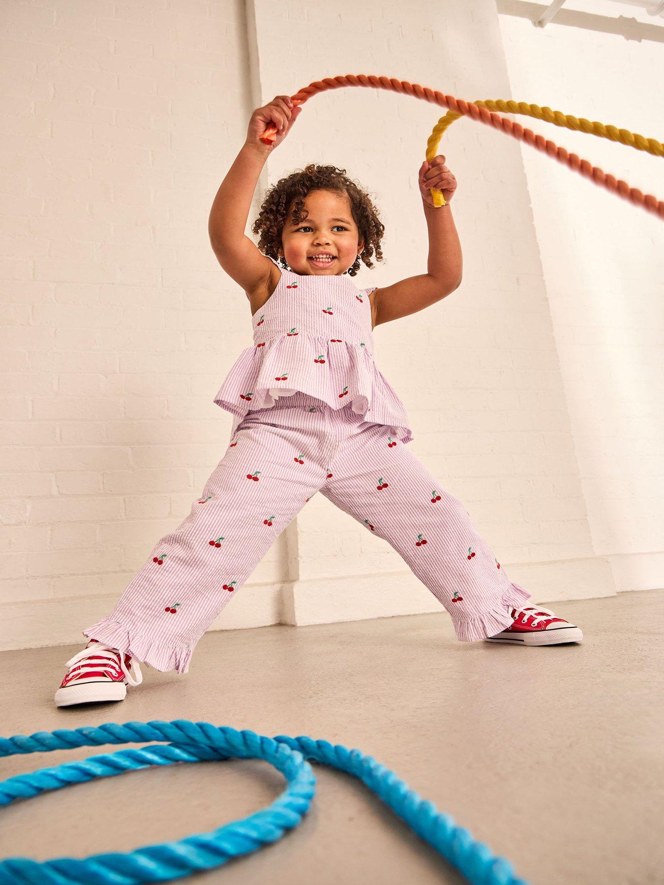 Image 1 of 7 of JoJo Maman Bebe Toddler Girls Cherry Embroidered Frilly Top And Trouser Set - Purple