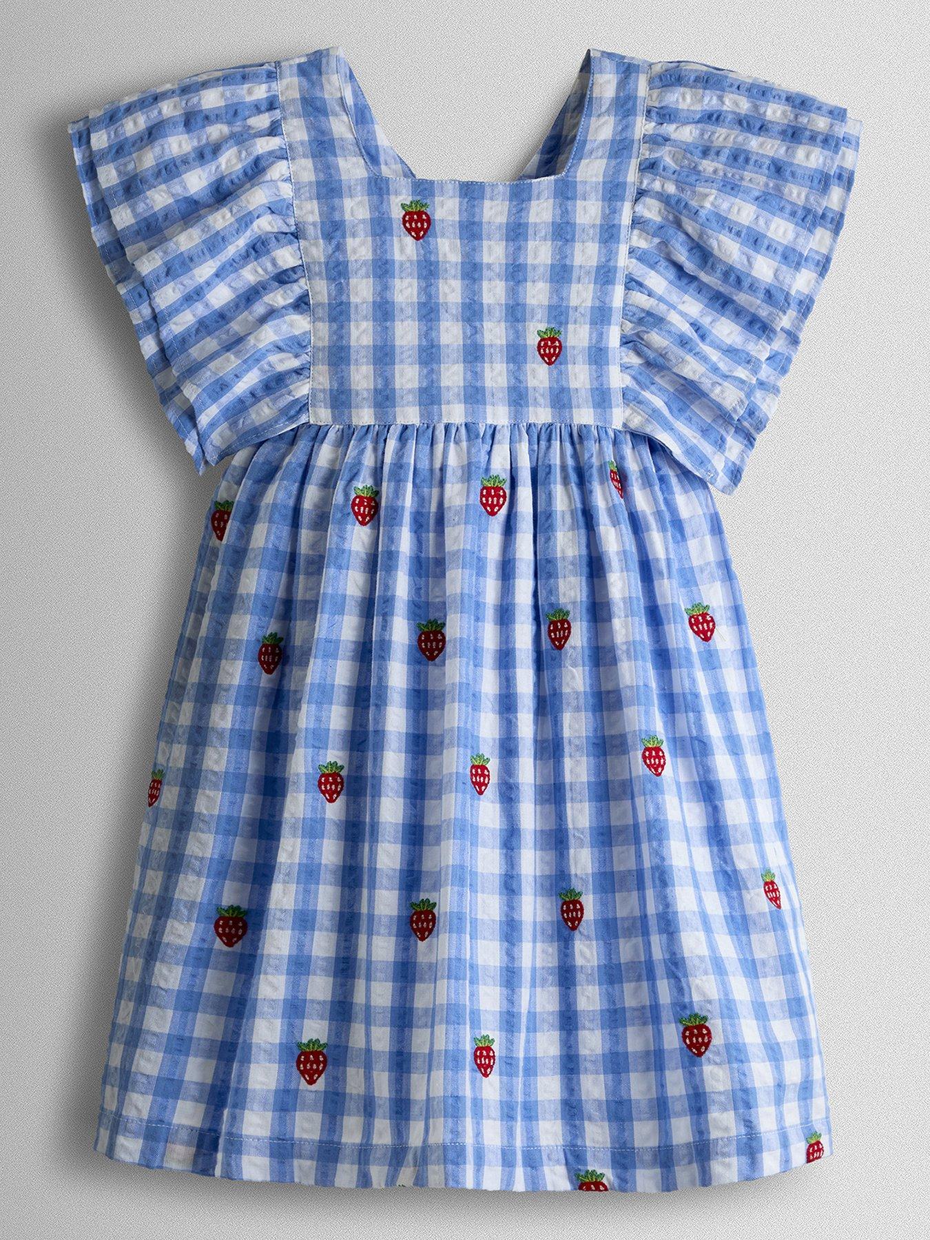 JoJo Maman Bebe Toddler Girls Strawberry Embroidered Frill Shoulder Dress - Light Blue