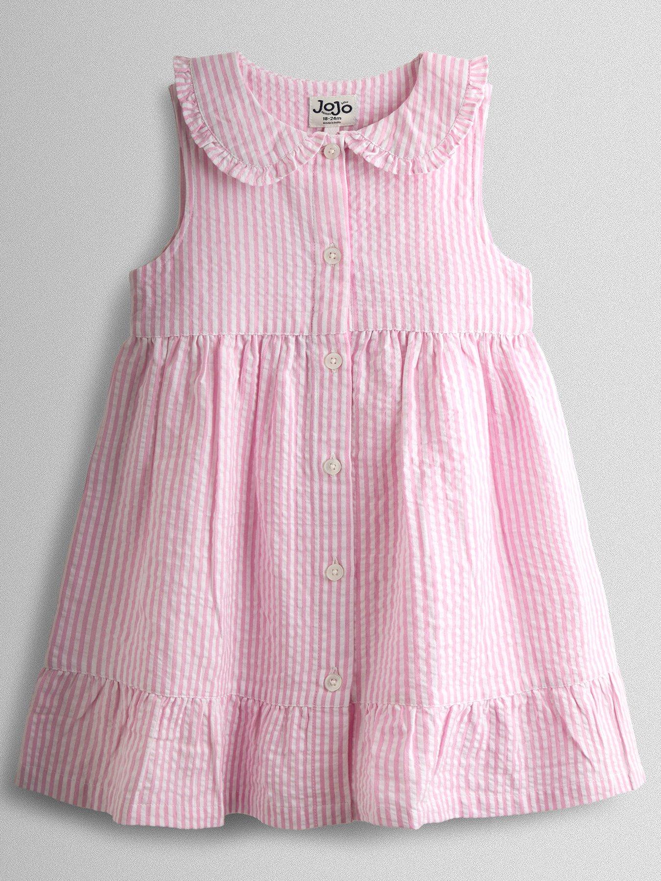 JoJo Maman Bebe Toddler Girls Seersucker Stripe Collar Button Through Dress - Pink