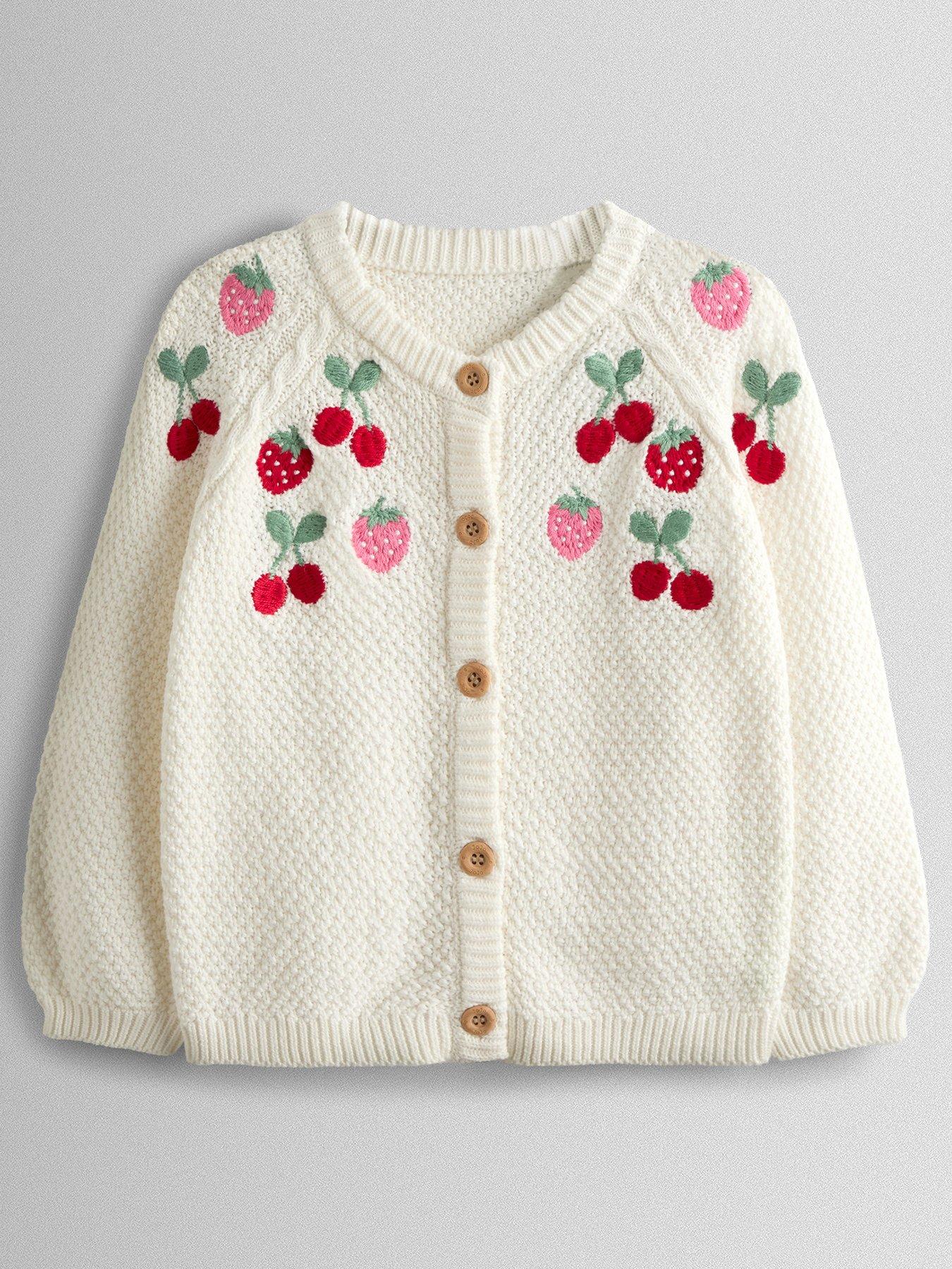 JoJo Maman Bebe: Toddler Girls Fruit Embroidered Textured Cardigan - Cream