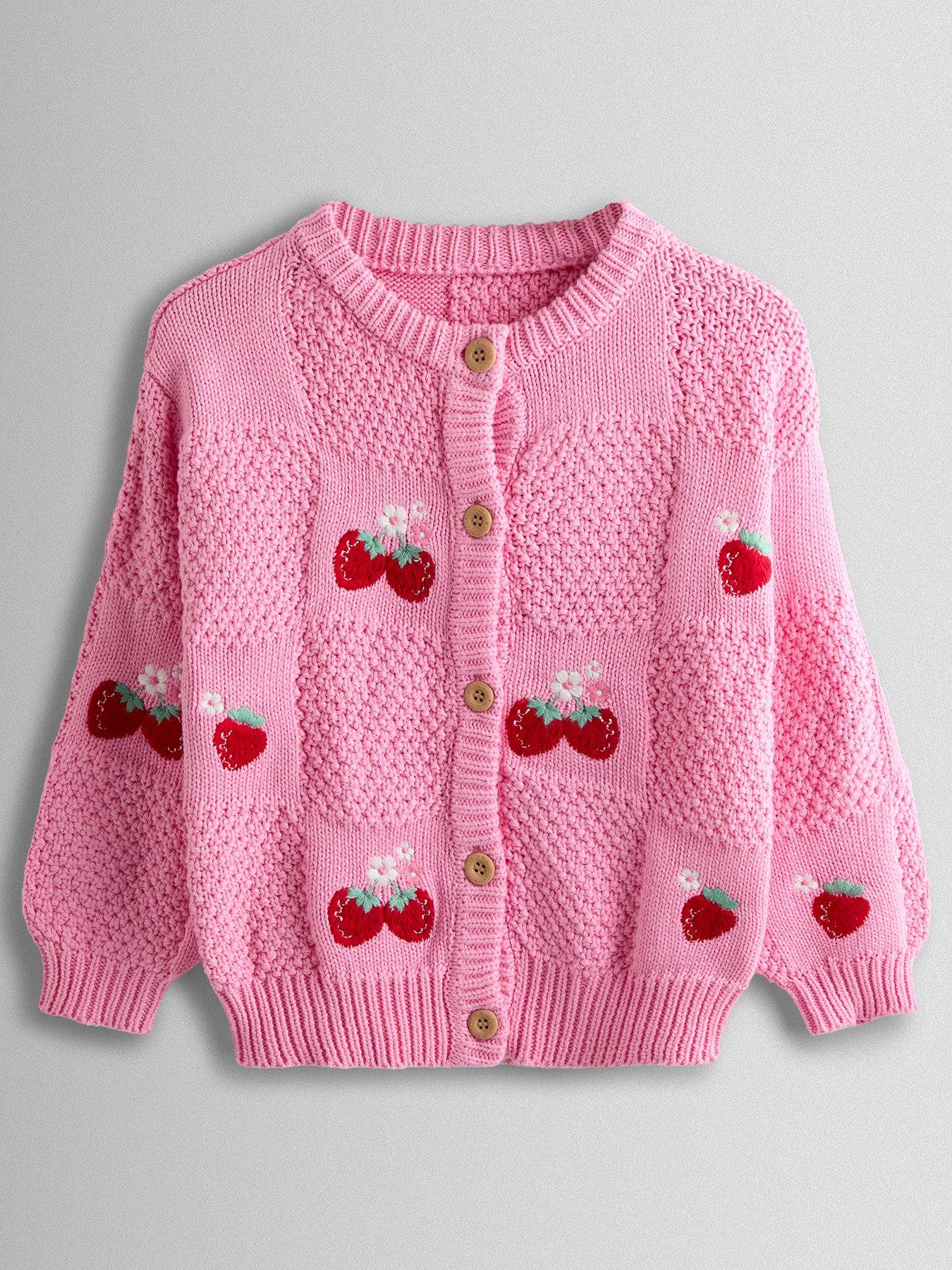 JoJo Maman Bebe Toddler Girls Strawberry Embroidered Textured Cardigan - Pink
