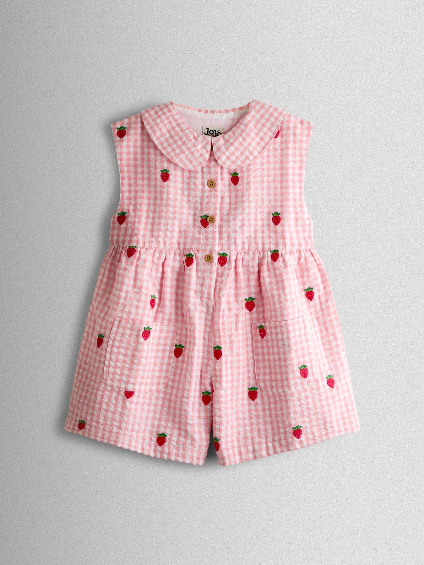 JoJo Maman Bebe Toddler Girls Strawberry Embroidered Gingham Playsuit - Light Pink