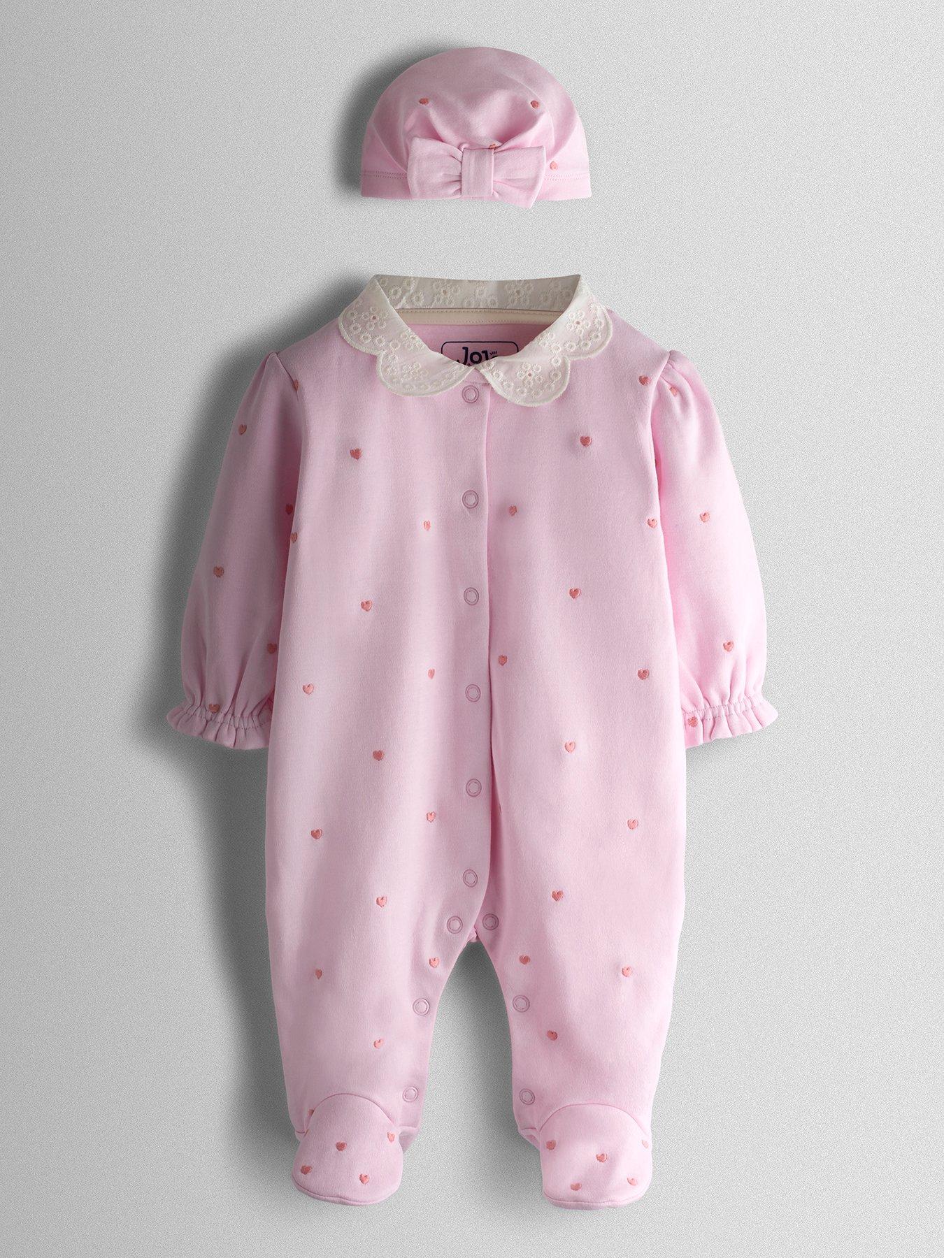 JoJo Maman Bebe Baby Girls Heart Embroidered Sleepsuit  &  Turban Set - Pink