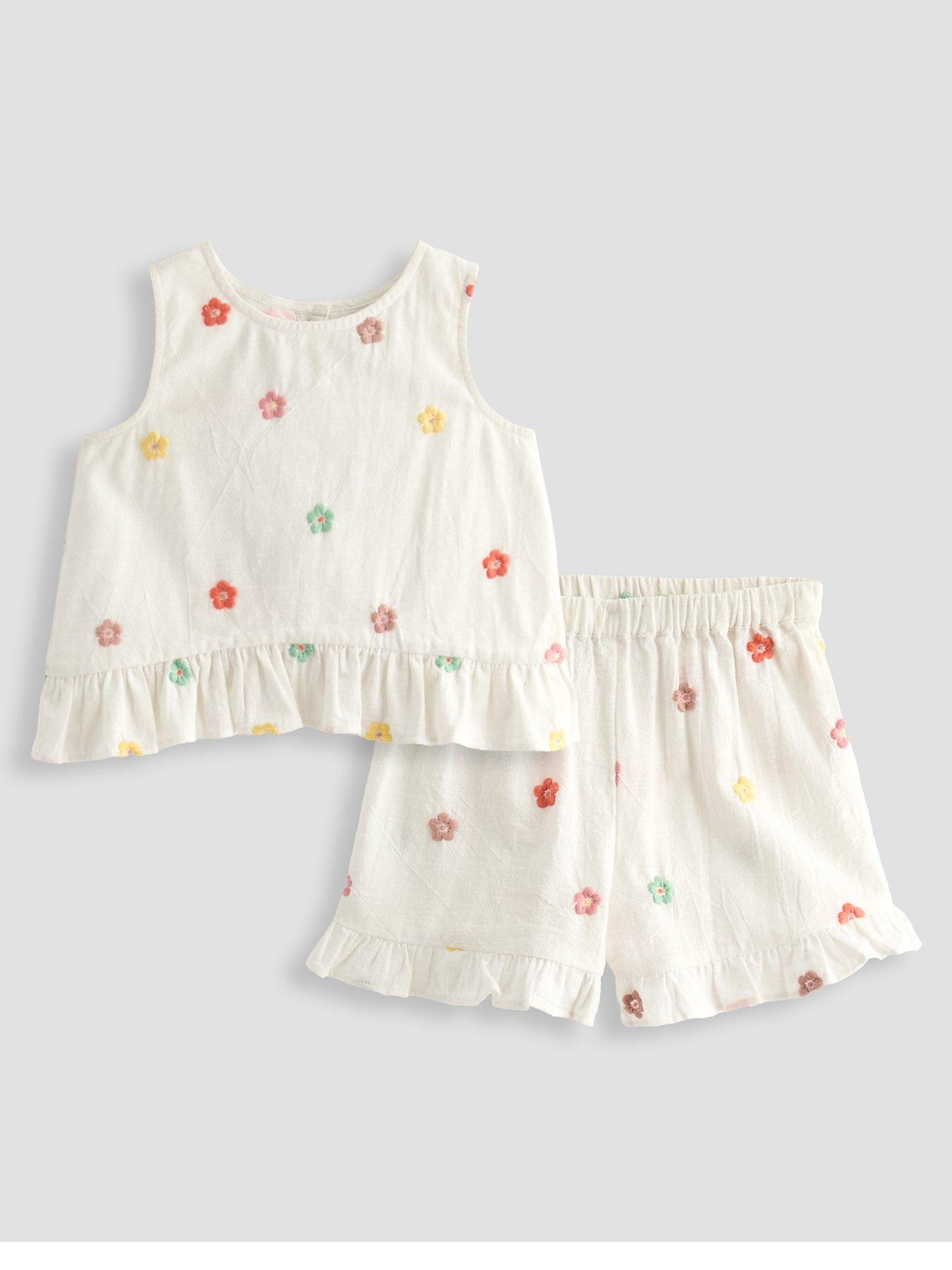 Image 1 of 4 of The Very Collection Girls Frill Sleeveless Top And Short Embroidered Flower Outfit - Cream