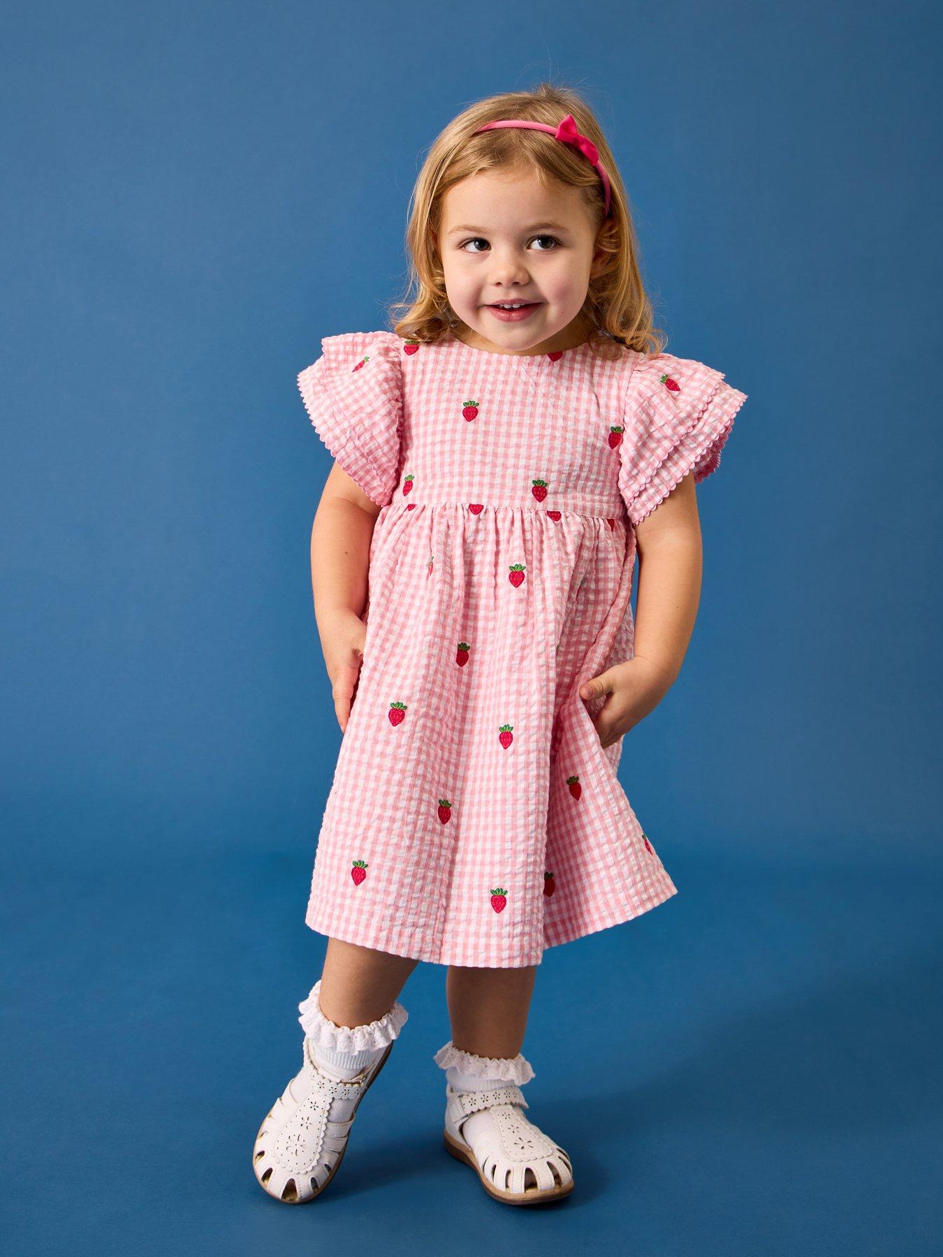 JoJo Maman Bebe Toddler Girls Strawberry Embroidered Gingham Frill Sleeve Dress, Pink, Size 0-3 Months
