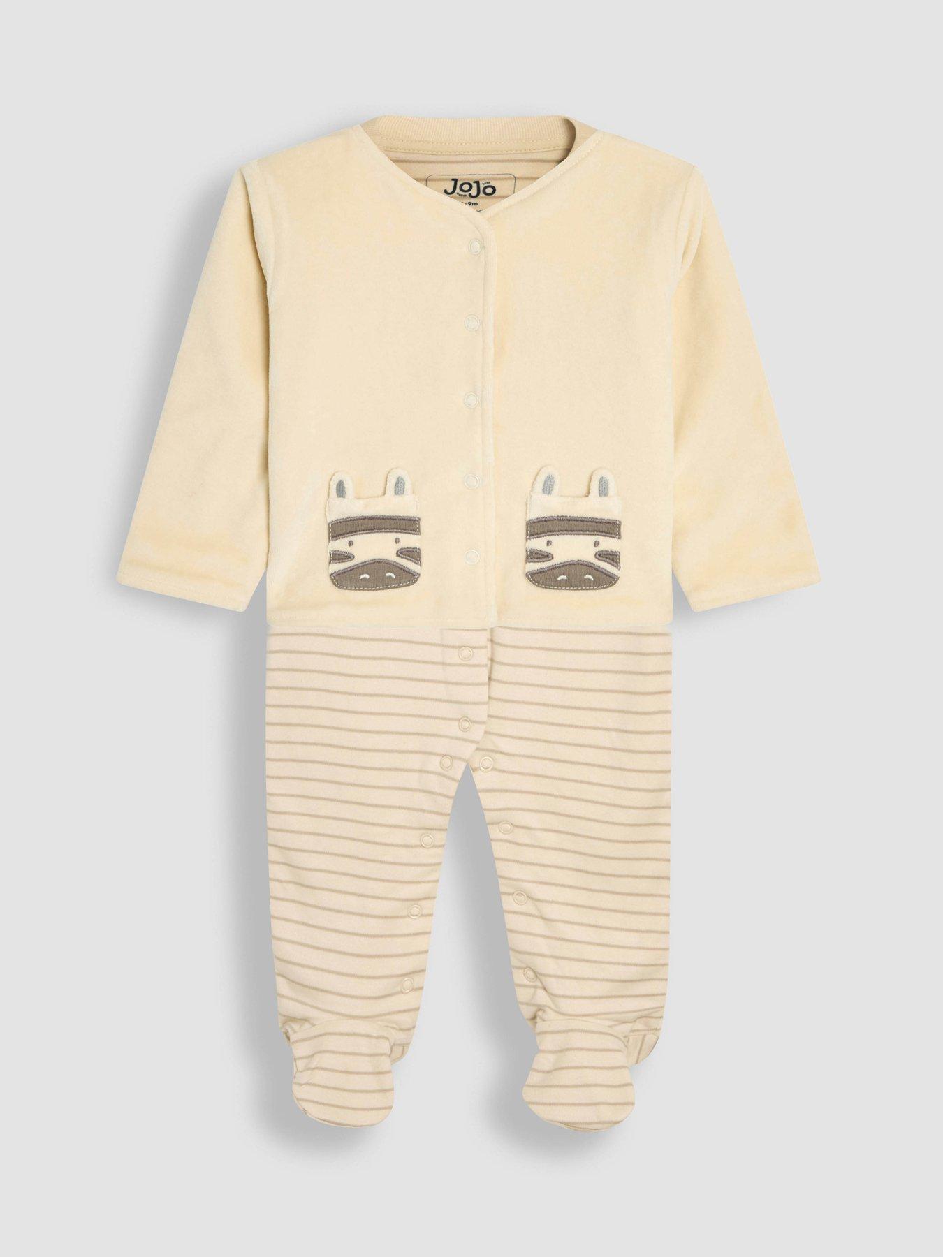 JoJo Maman Bebe Baby Unisex 2 Piece Stripe Sleepsuit  &  Velour Jacket Set - Cream